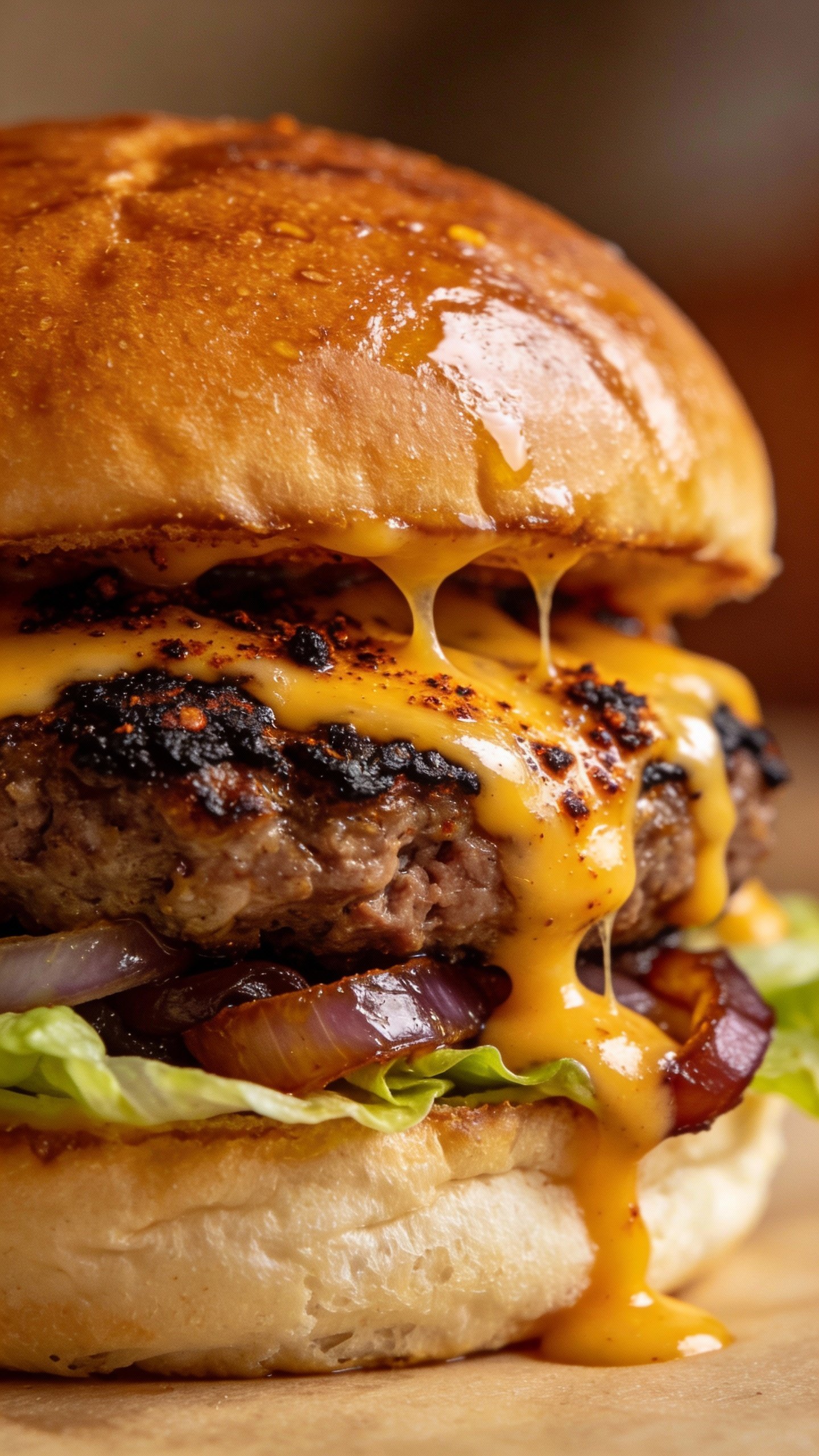 closeup smoky chipotle cheddar burger on brioche bun