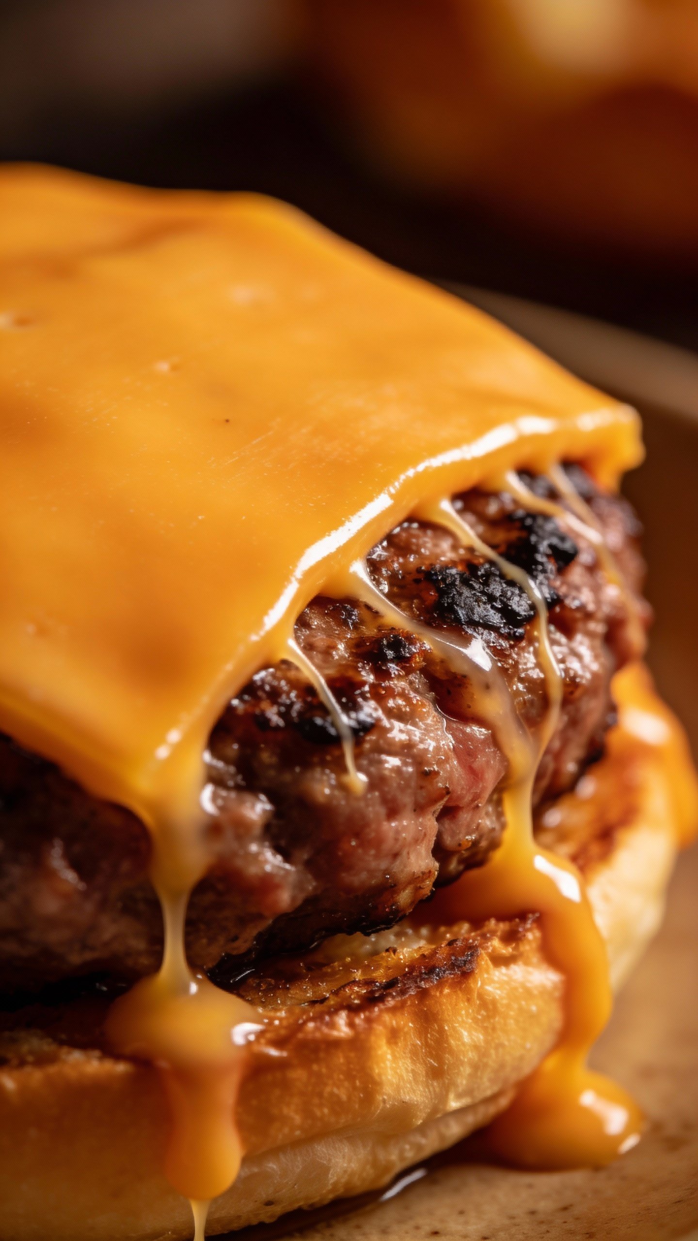 melted sharp cheddar slice dripping over seared beef patty