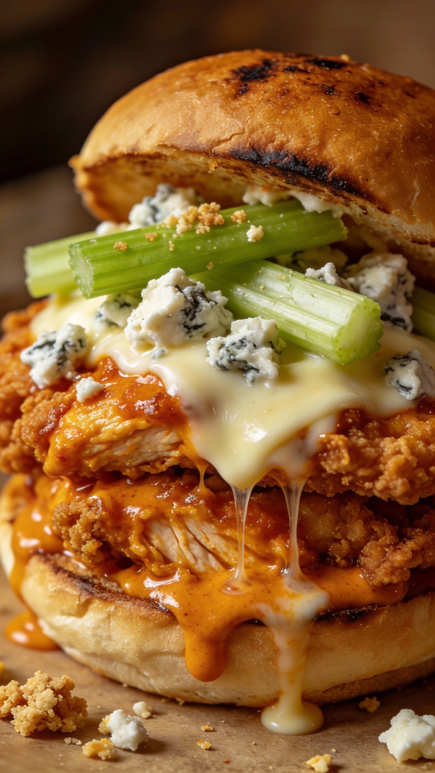 closeup buffalo chicken burger with blue cheese crumbles