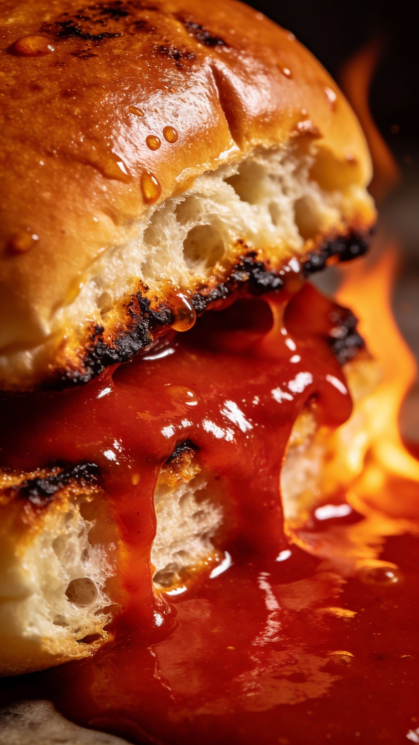 toasted brioche bun soaking buffalo sauce, extreme closeup