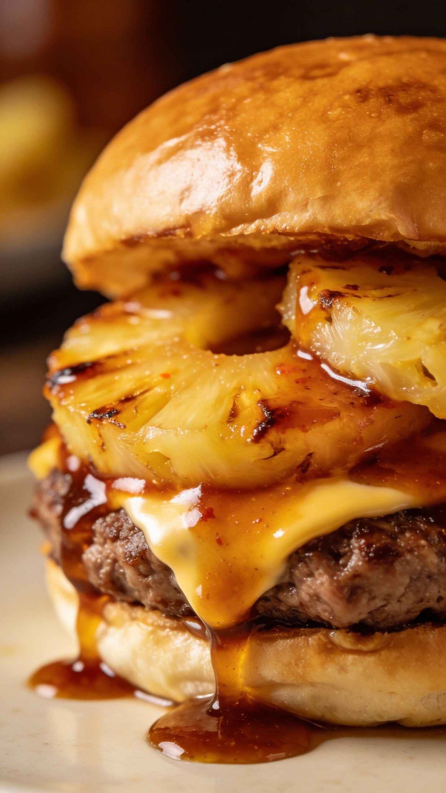 closeup spicy pineapple teriyaki burger with dripping glaze