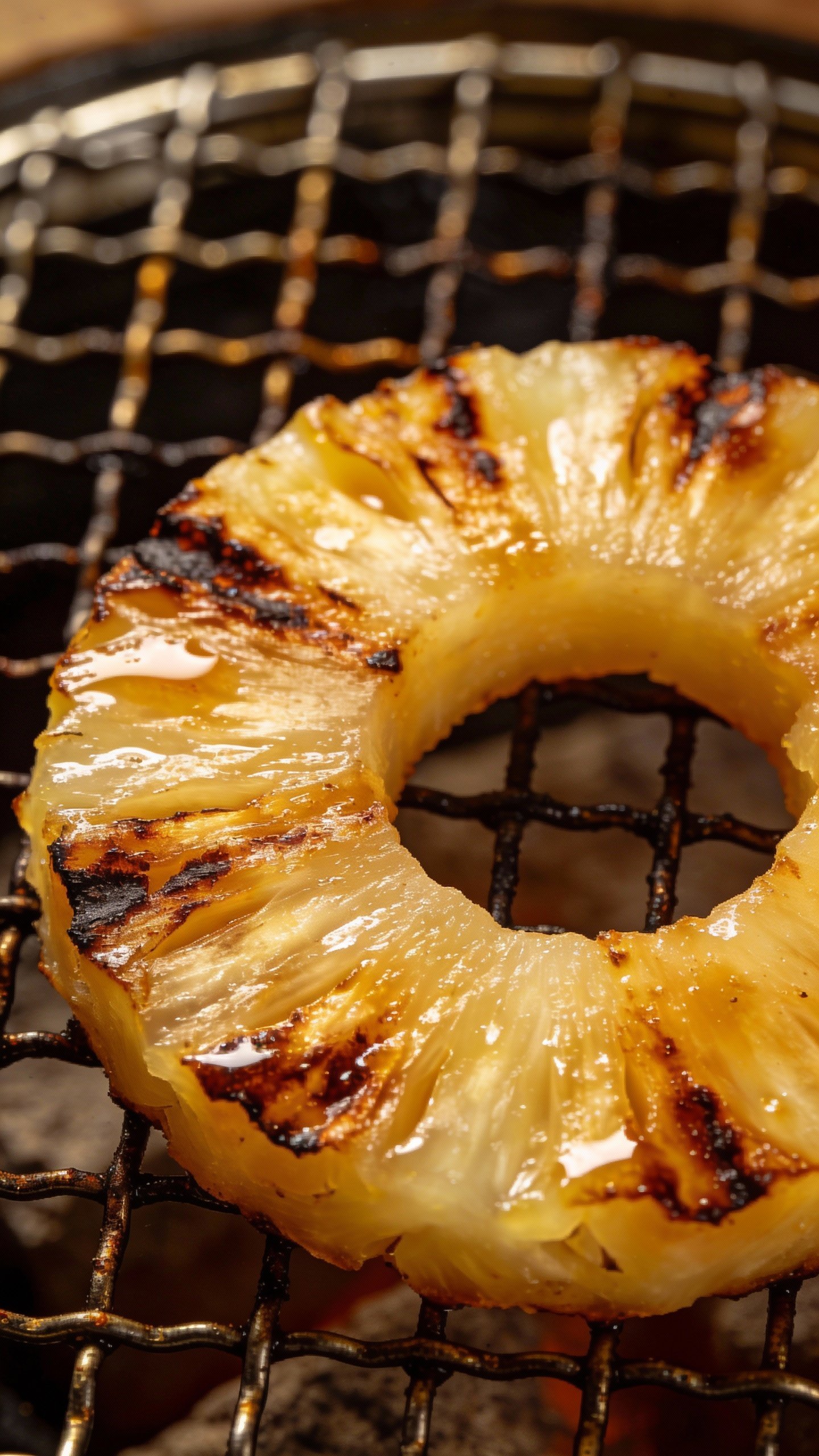 seared pineapple ring with caramelized edges on grill grate