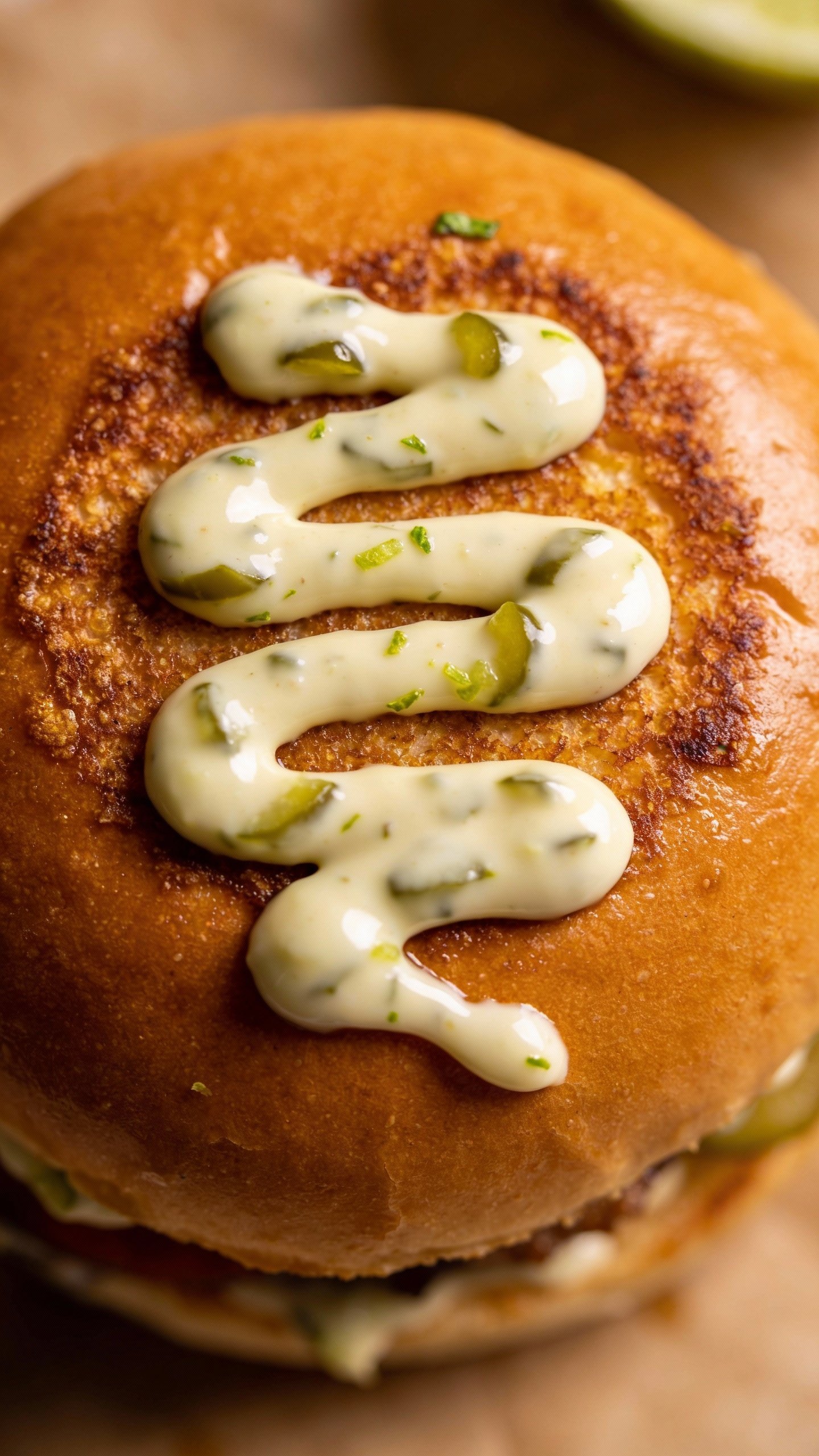 jalapeño-lime mayo swipe on toasted brioche bun top