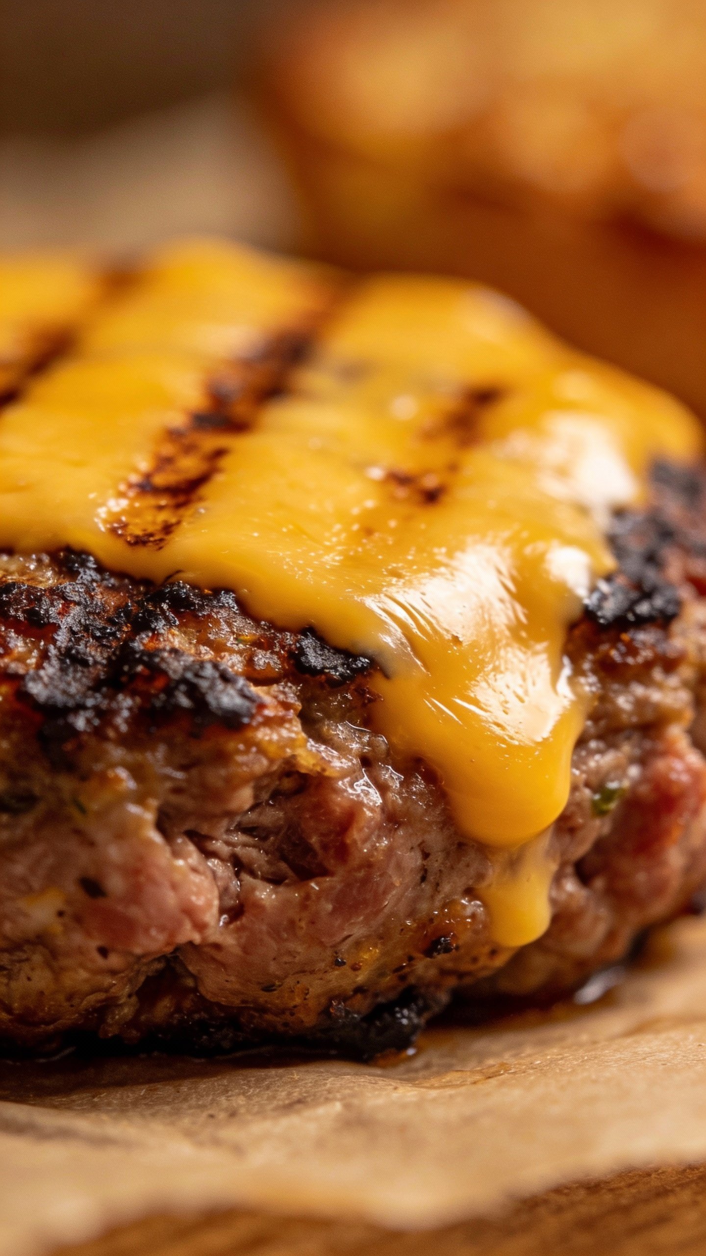 closeup bunless keto cheeseburger patty with melted cheddar