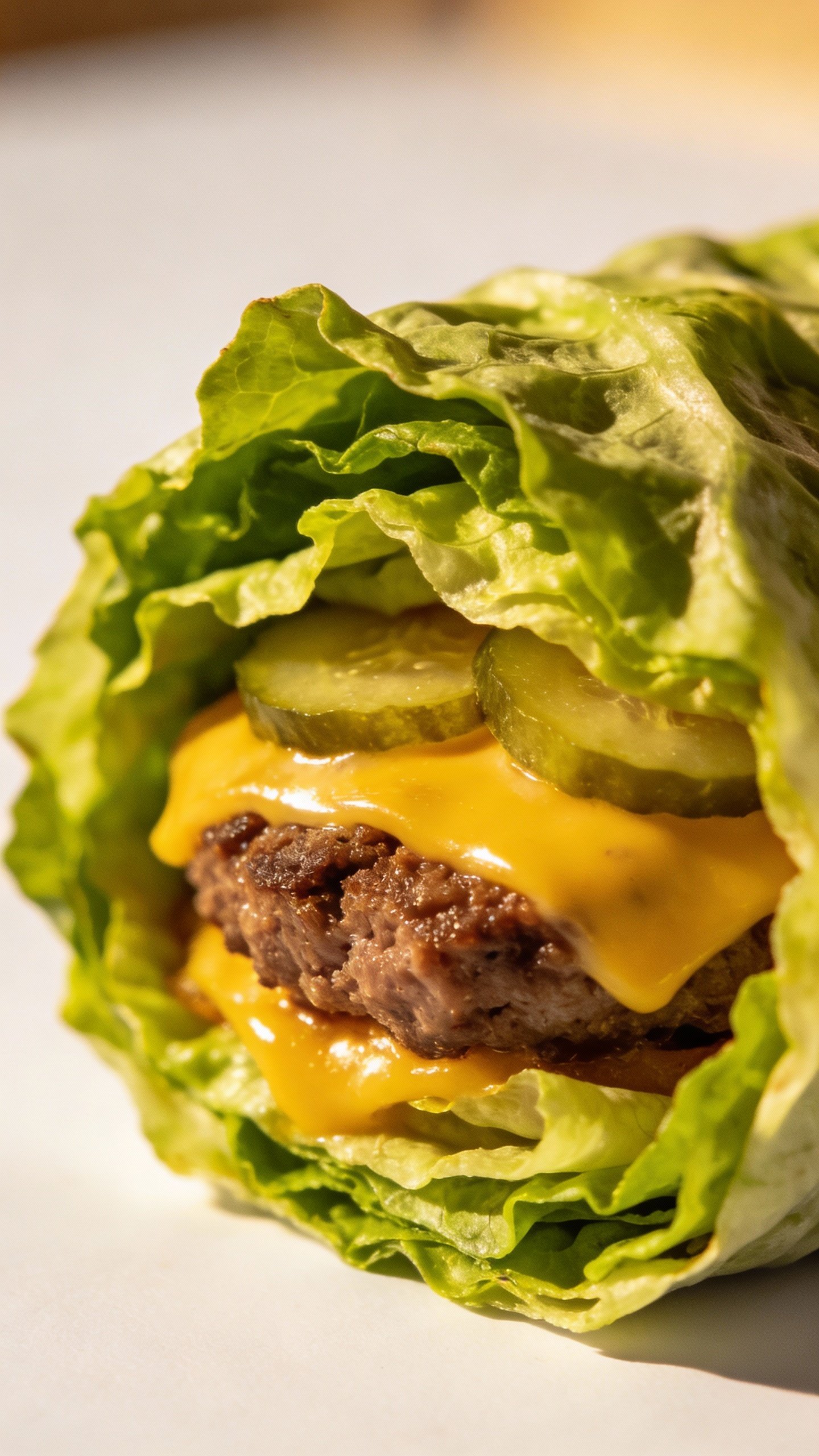 single lettuce-wrapped keto cheeseburger with pickles, no bun