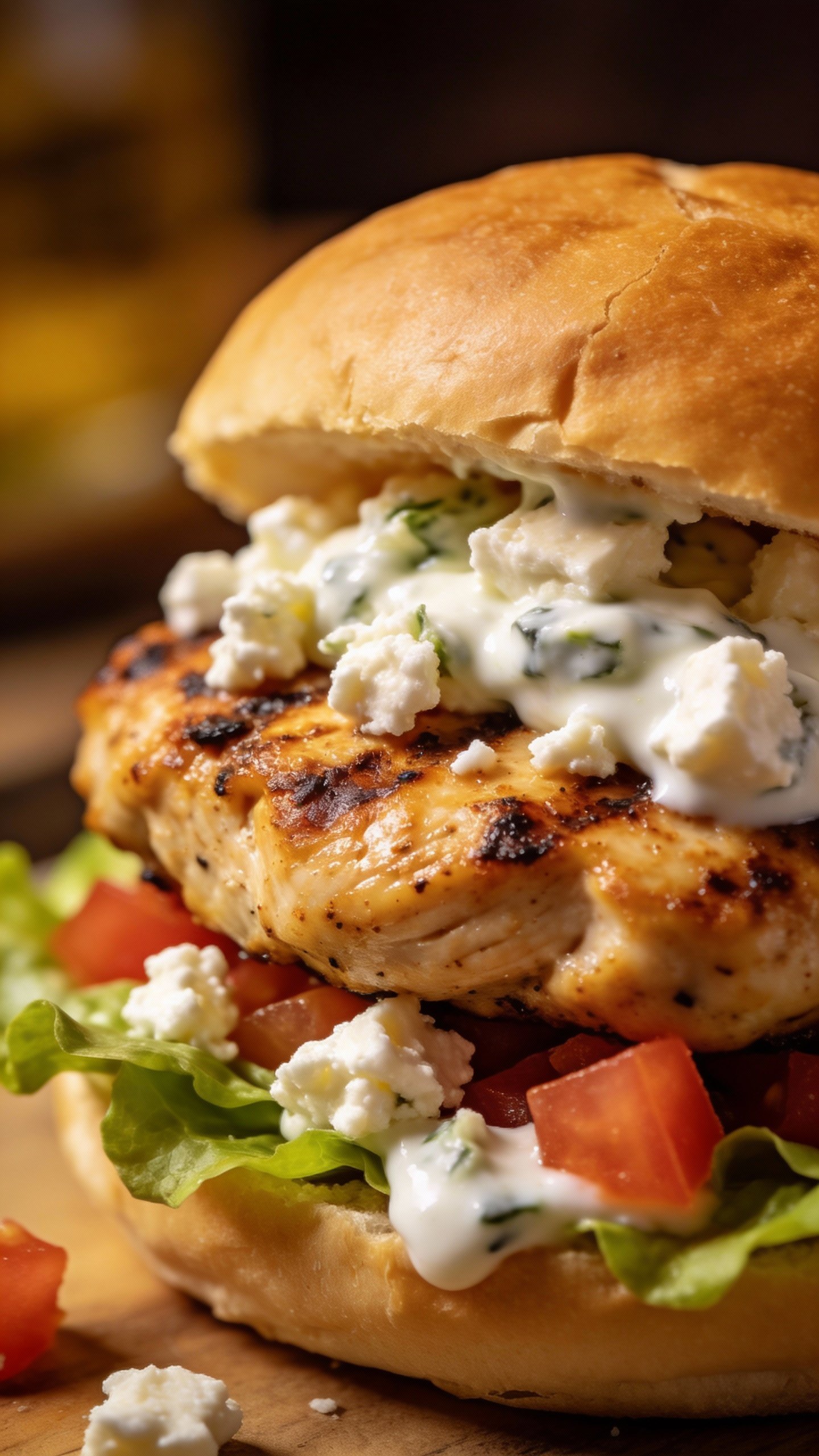 closeup Greek chicken burger with feta and tzatziki