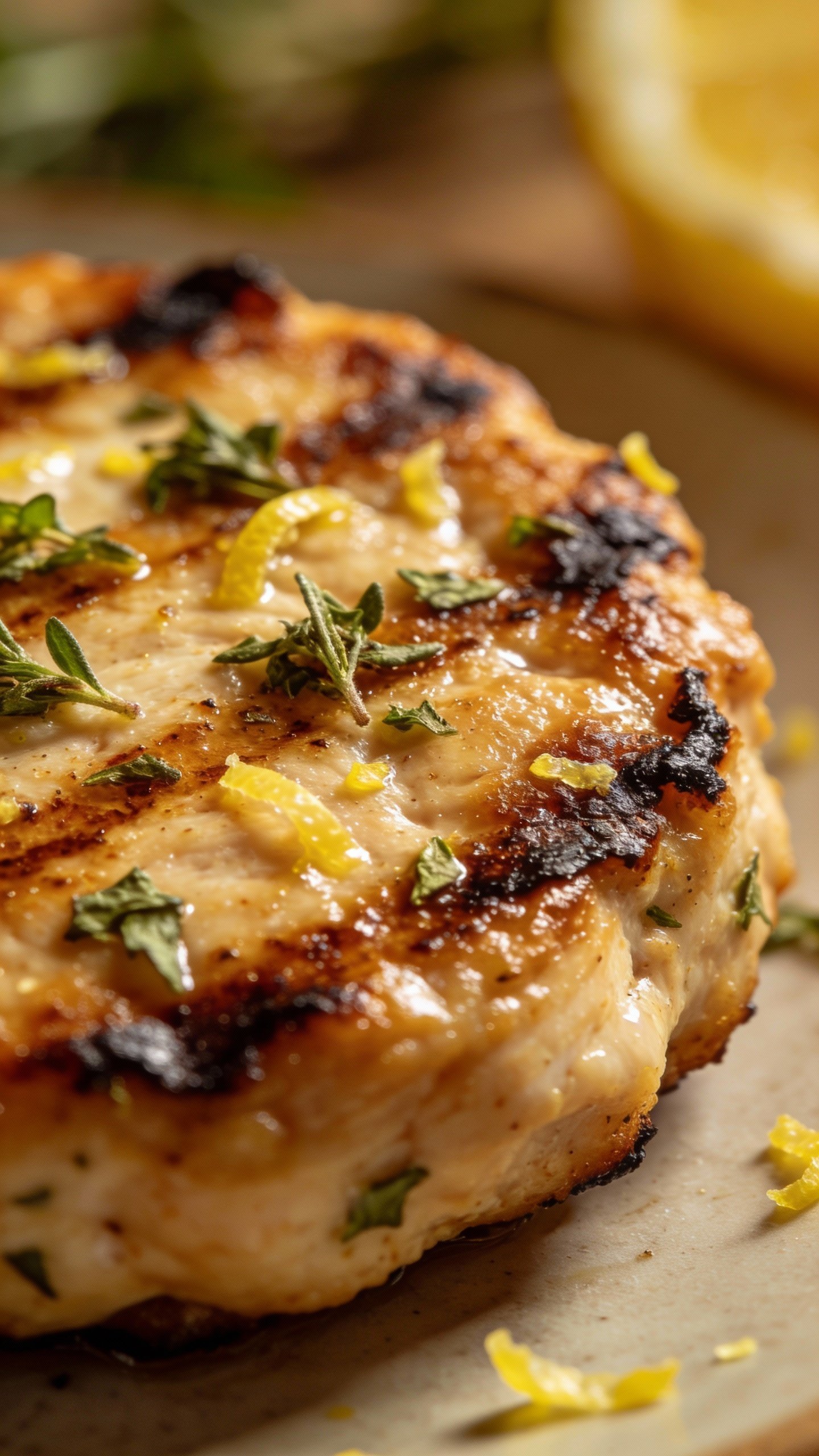 single grilled chicken patty with visible oregano and lemon zest