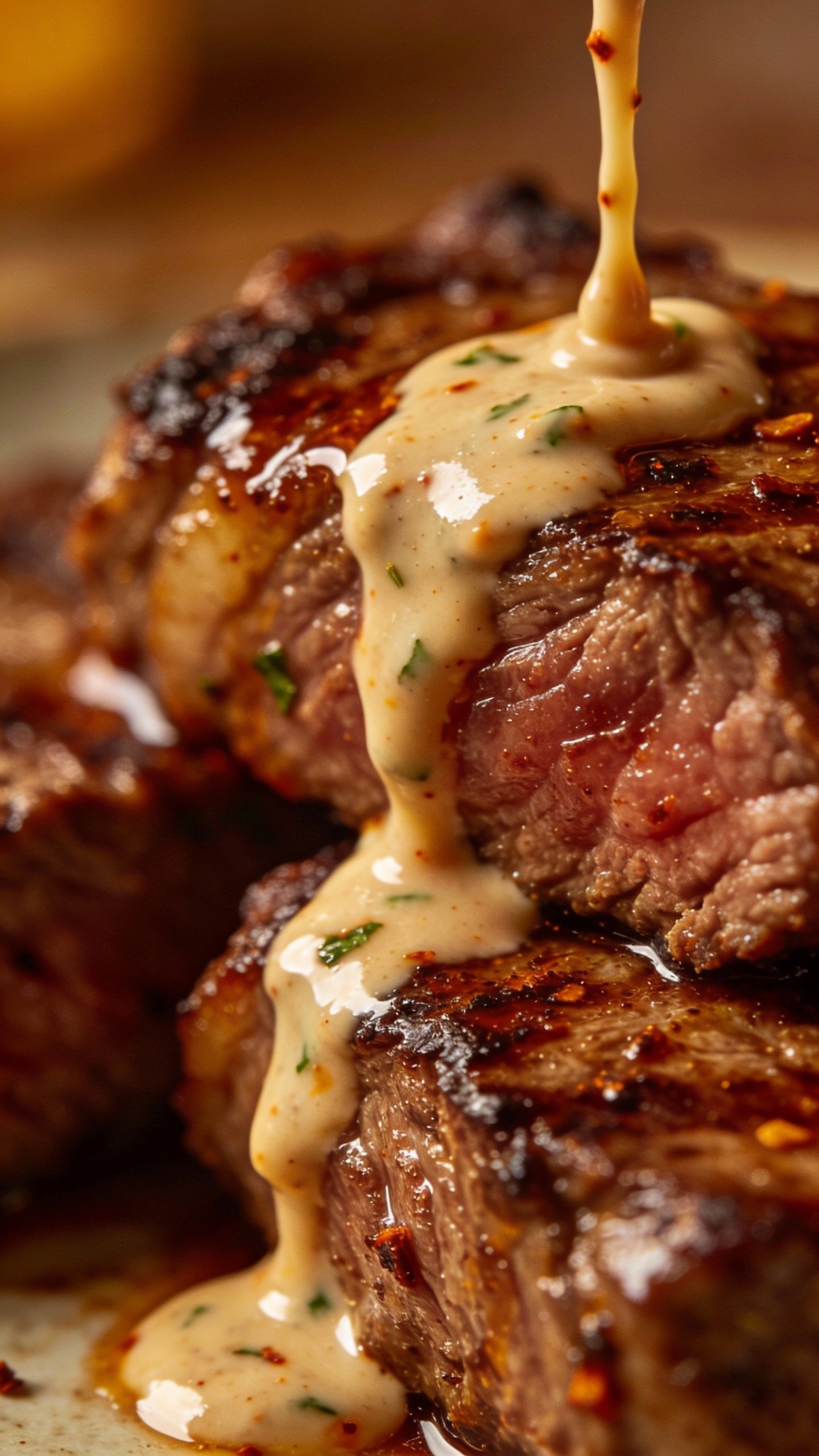 drizzle of chipotle ranch over seared beef, macro shot