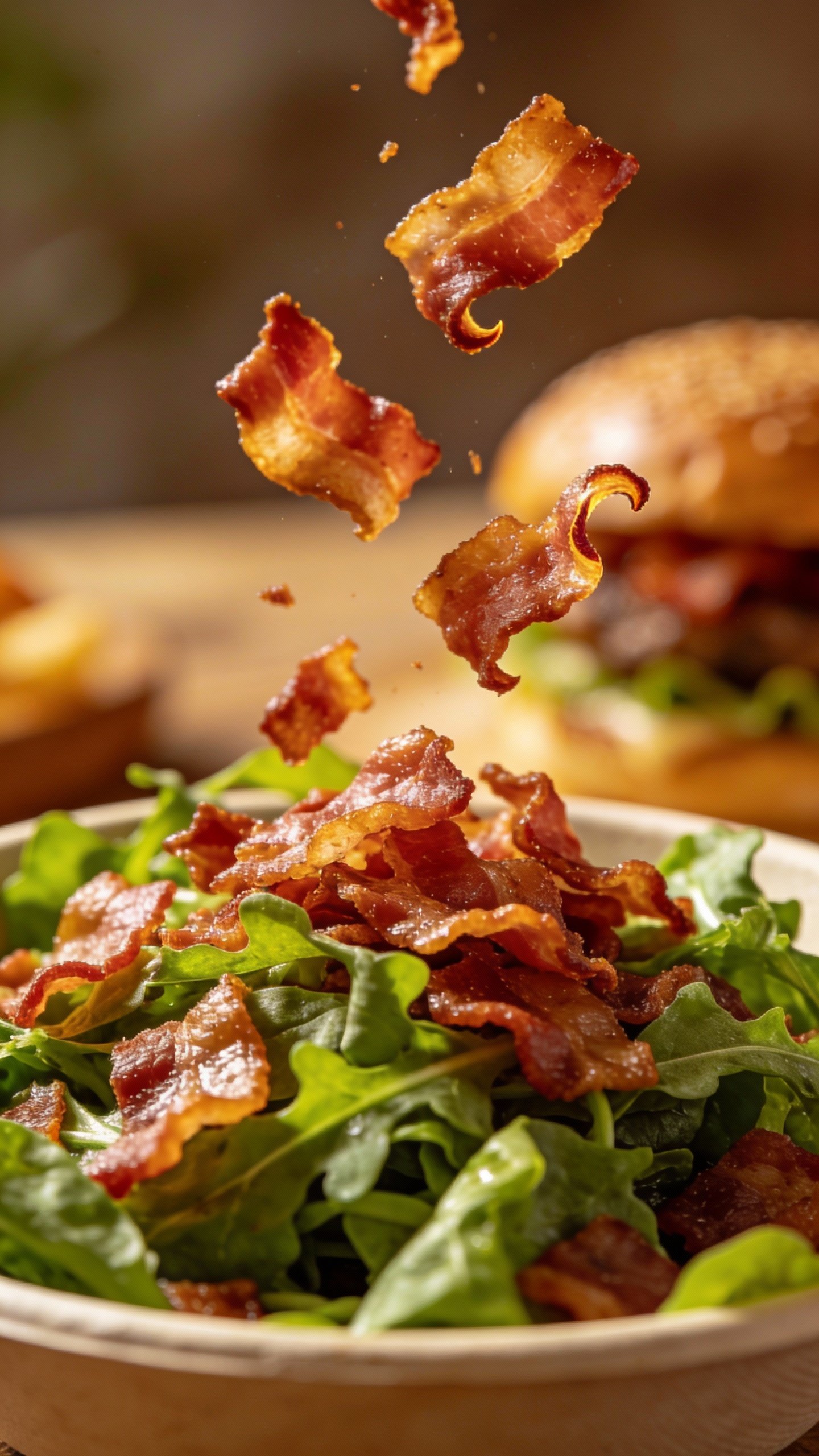 crispy bacon crumble on burger bowl greens, shallow depth of field