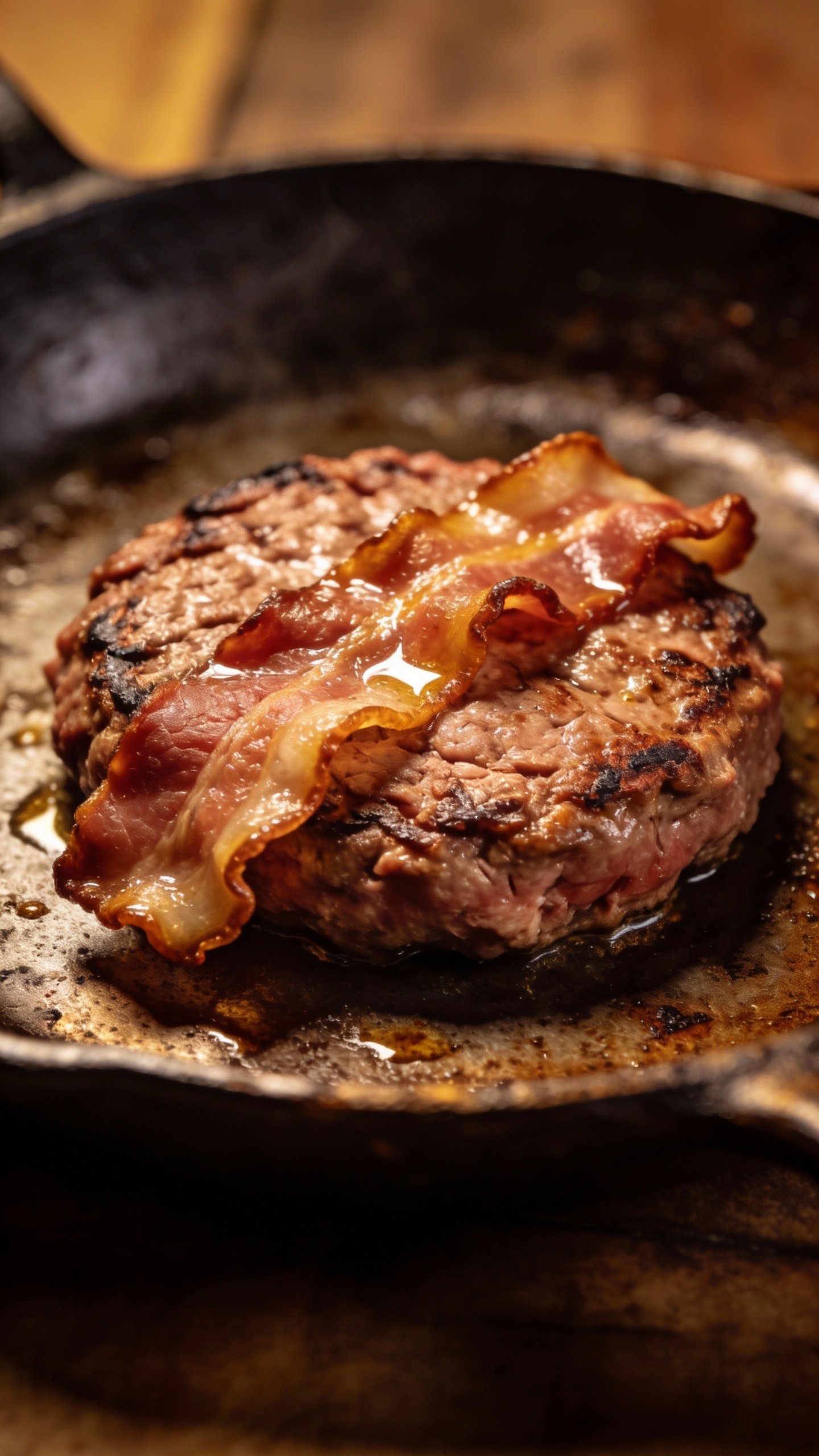 single bunless burger patty with crisp bacon on cast-iron