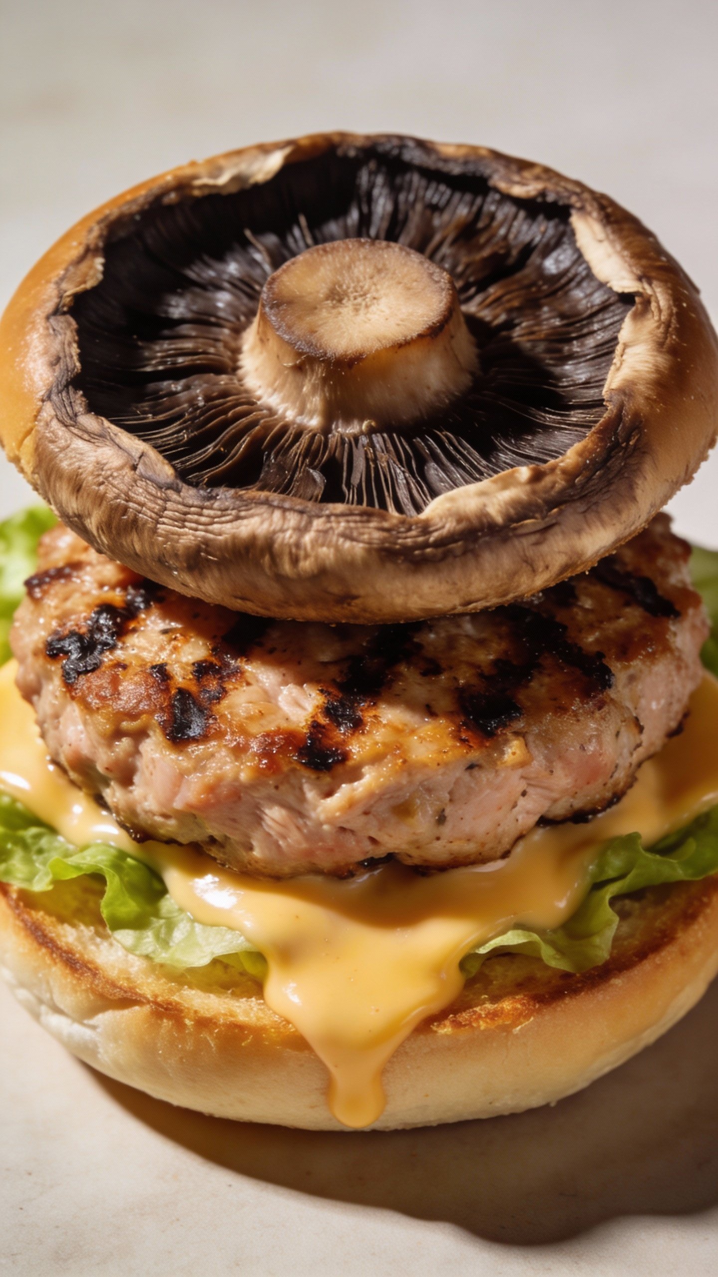 closeup portobello bun turkey burger with char marks, studio lighting
