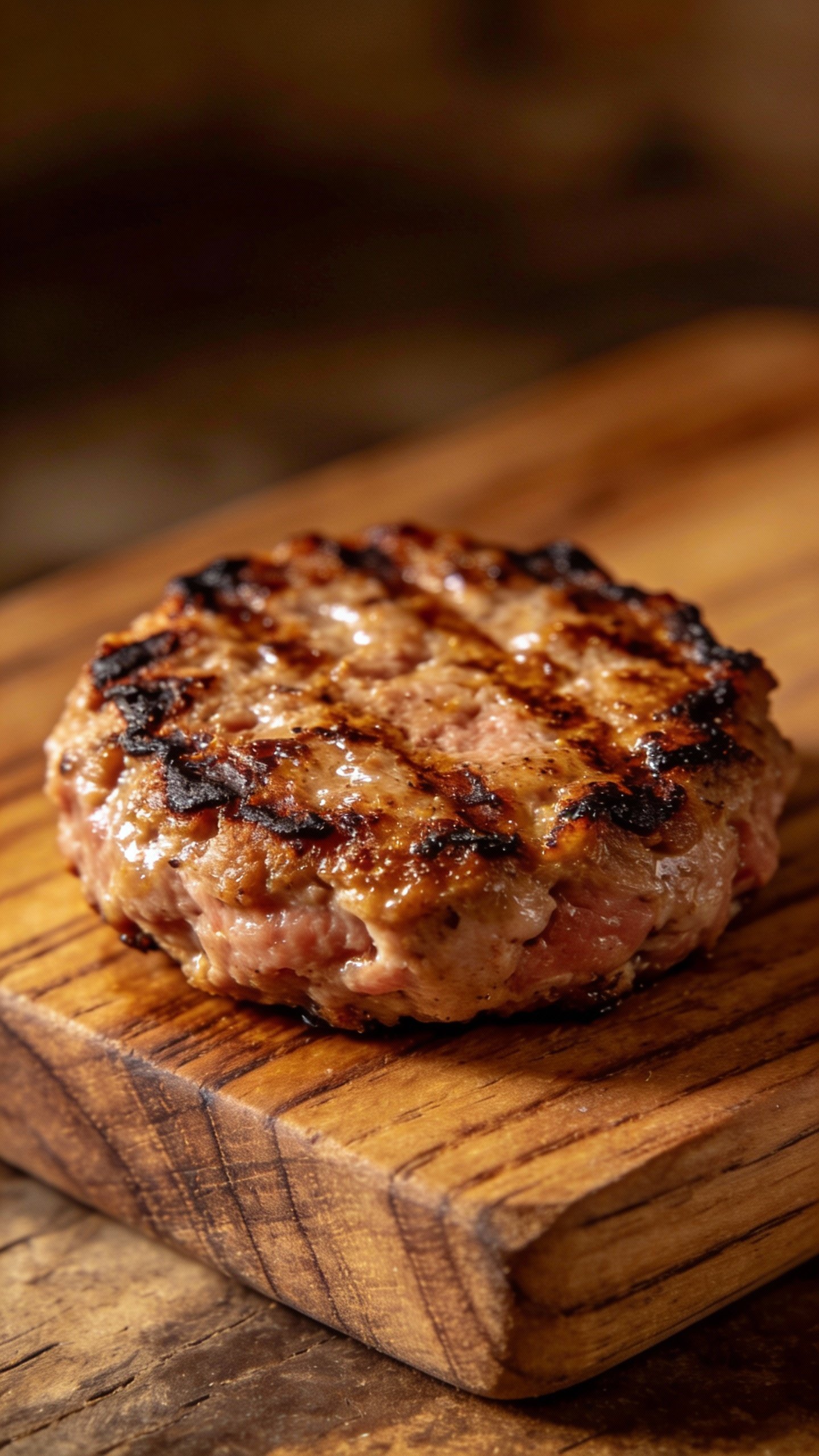 juicy turkey patty with seared edges, resting on wooden board