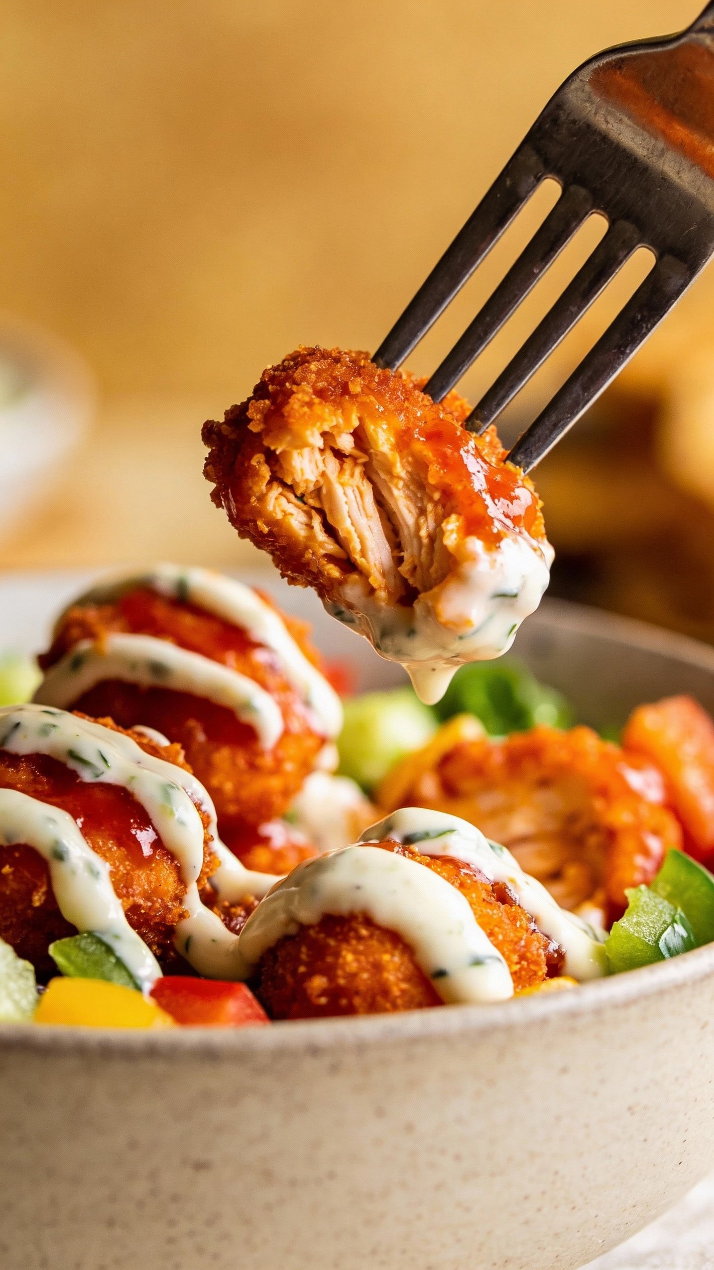 fork lifting buffalo chicken bite over ranch-drizzled bowl