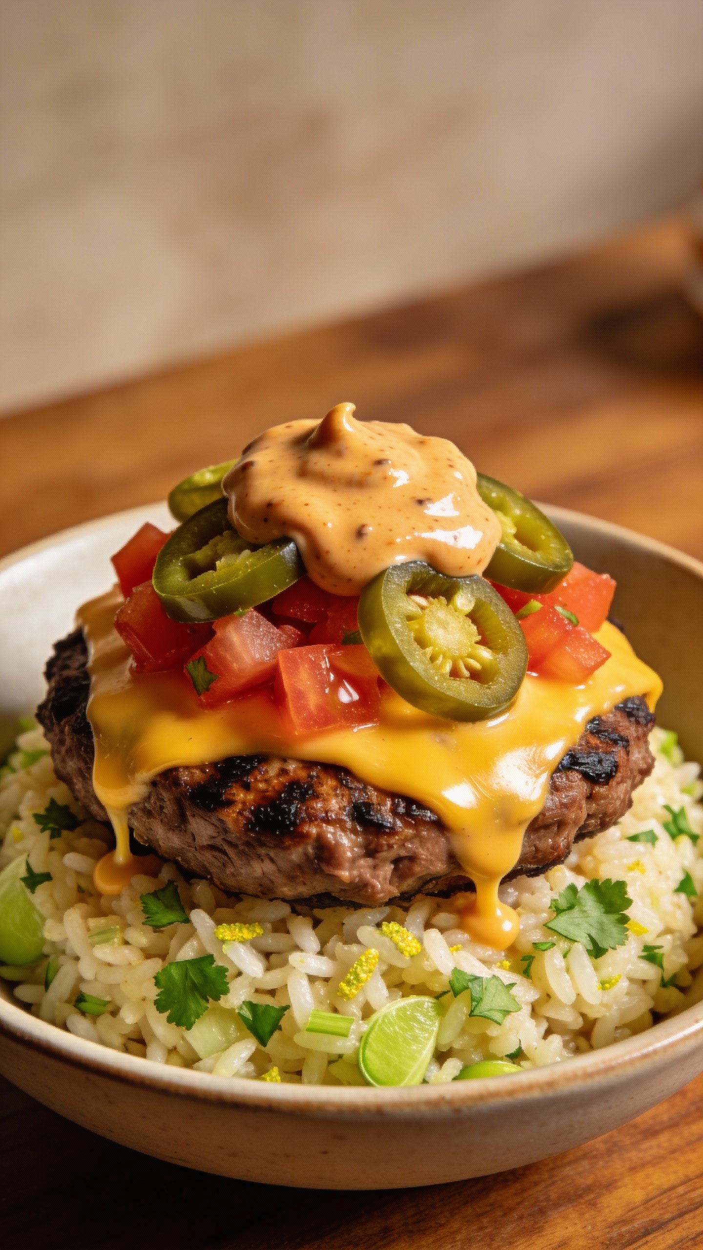 closeup Tex-Mex burger bowl with cilantro-lime rice