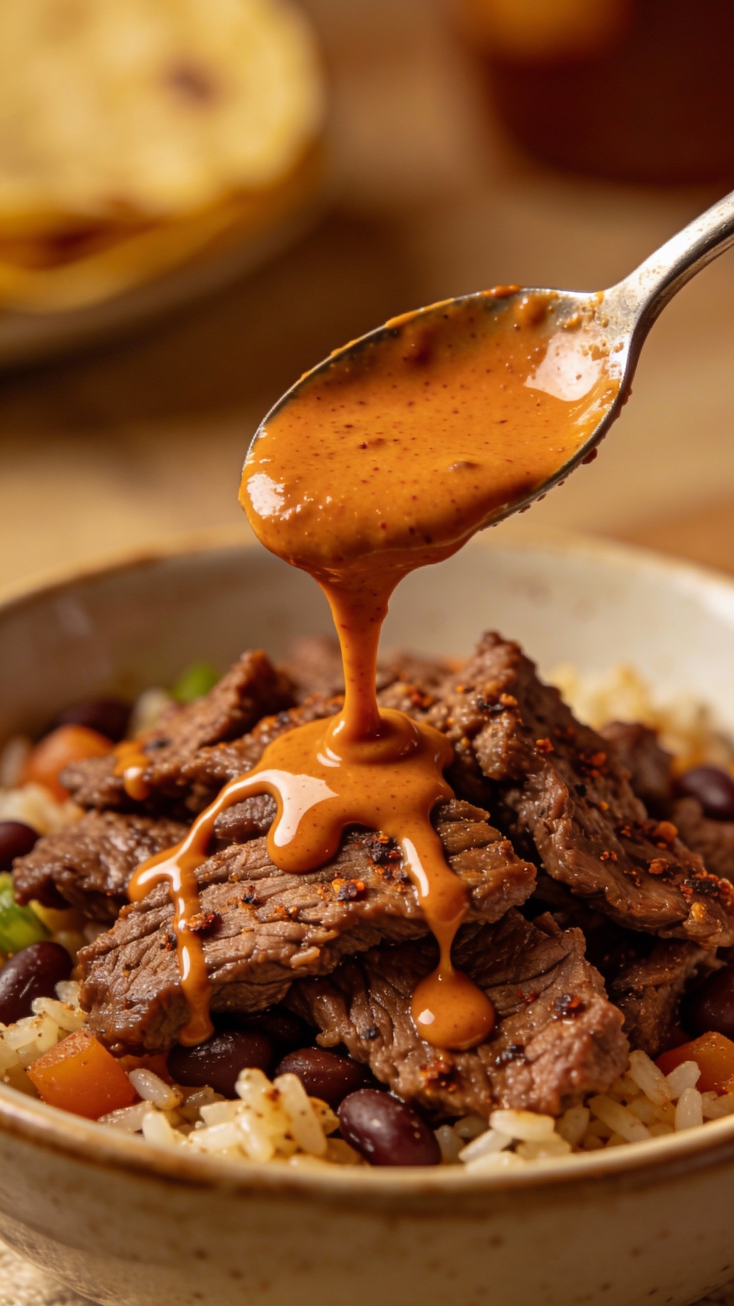 spoon drizzling chipotle crema over seasoned beef bowl