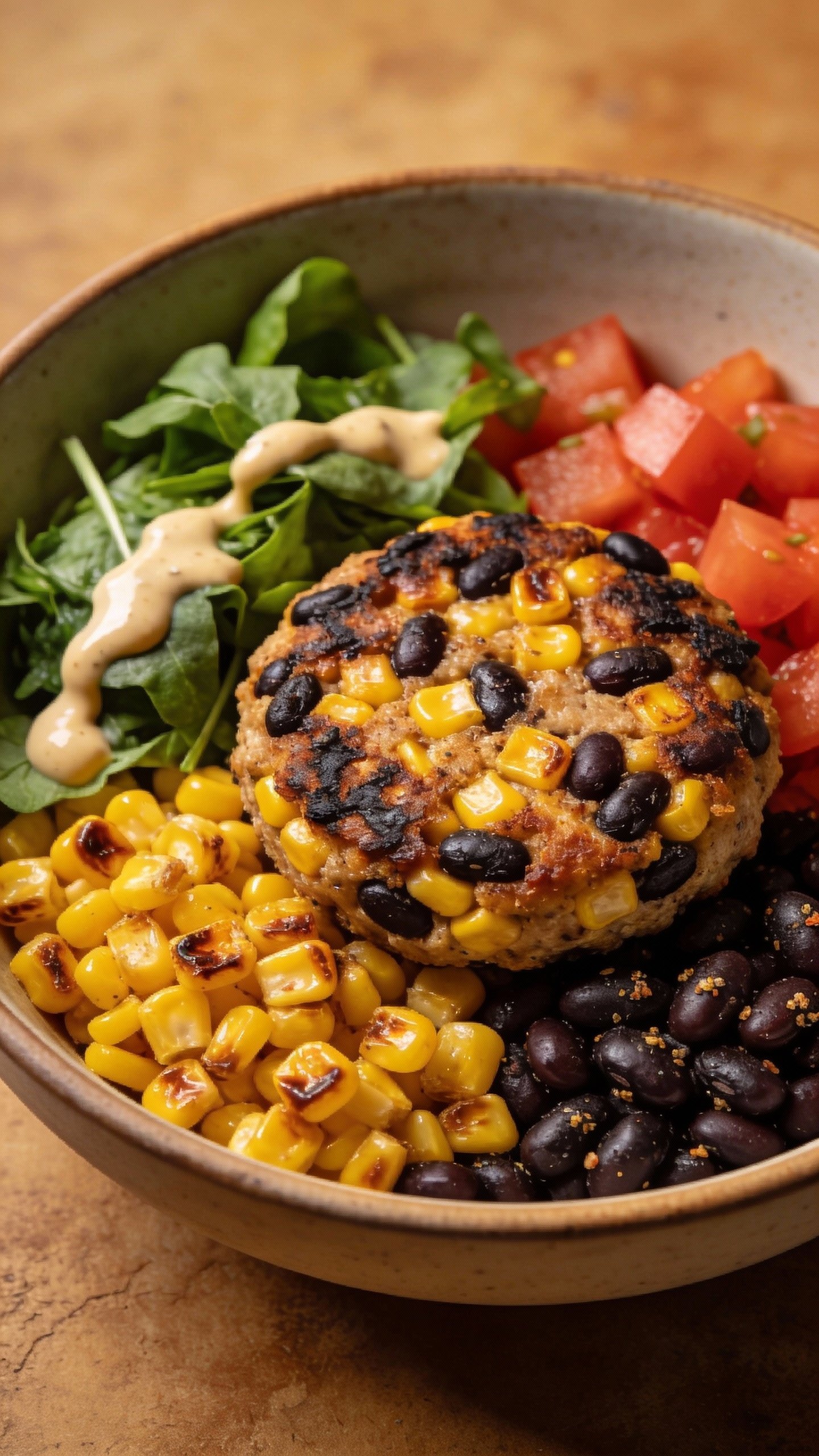 charred corn and black bean burger bowl, overhead shot