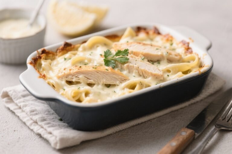 High Protein Low Calorie Creamy Chicken Alfredo Bake – Comfort Food Made Lighter