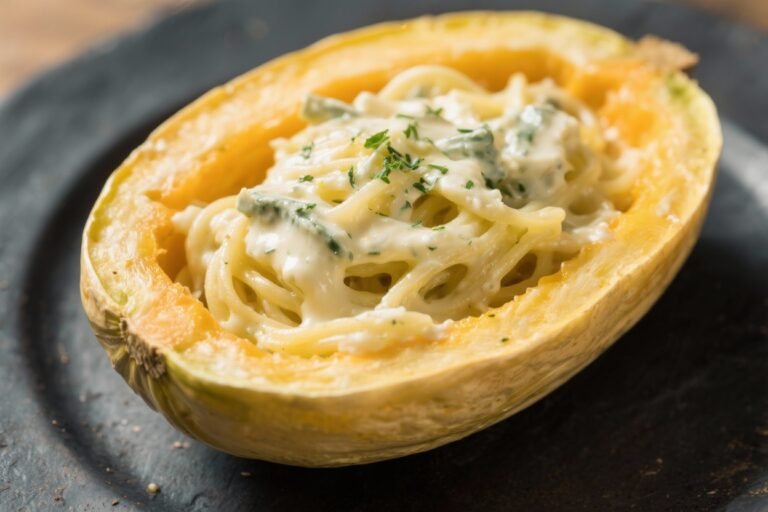 High Protein Low Calorie Spaghetti Squash Alfredo – Creamy, Satisfying, and Light