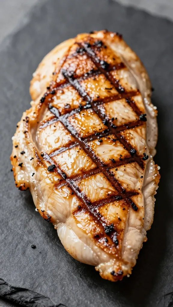 closeup grilled chicken breast with char marks on slate plate