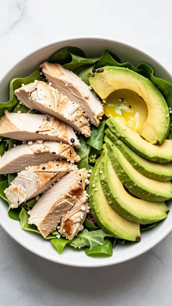 single bowl protein salad with chicken, avocado, and greens