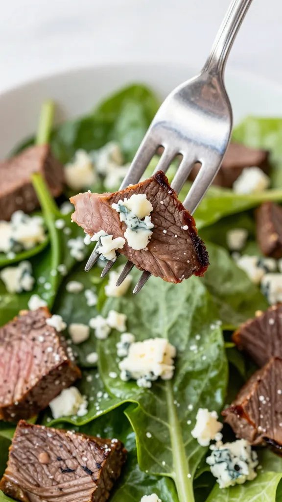 single forkful of chopped salad showing steak, blue cheese, greens