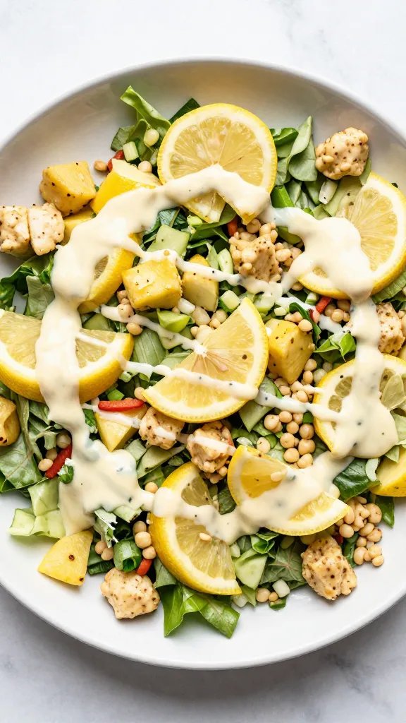 overhead plate of high-protein chopped salad with lemon vinaigrette drizzle
