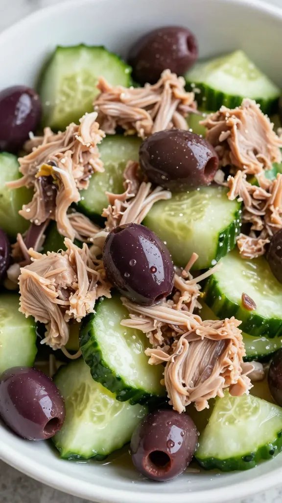 closeup bowl of Mediterranean tuna salad with olives and cucumbers