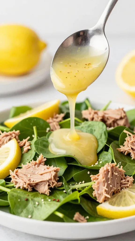 spoon drizzling lemon-garlic dressing over tuna salad greens