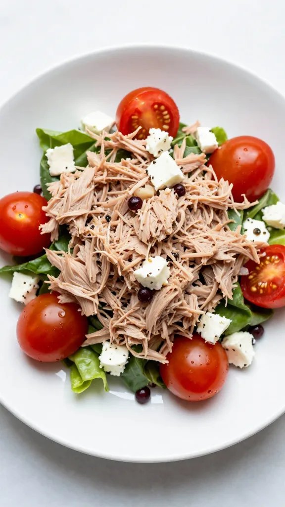 single plate of tuna salad topped with cherry tomatoes and feta