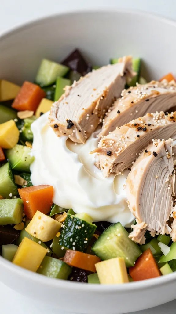 closeup Greek yogurt chicken salad bowl with crunchy veggies