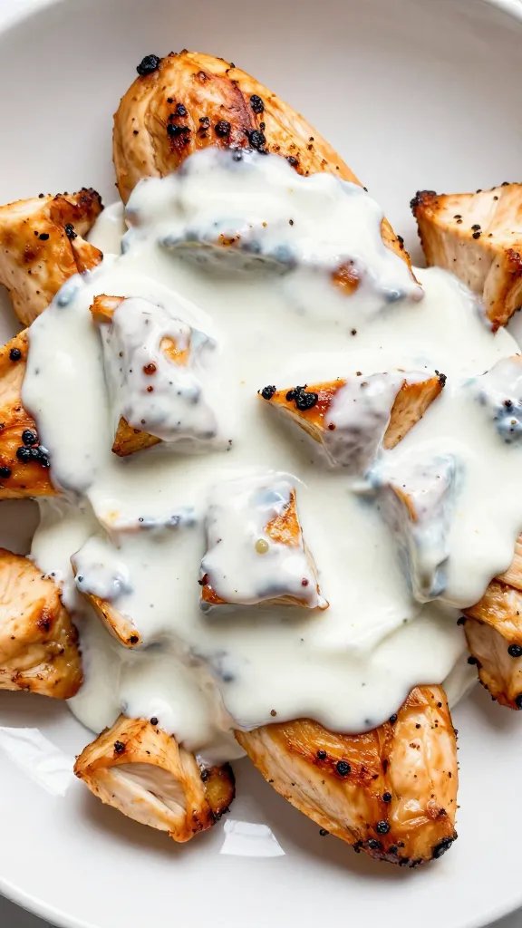 roasted chicken breast cubes coated in tangy yogurt dressing