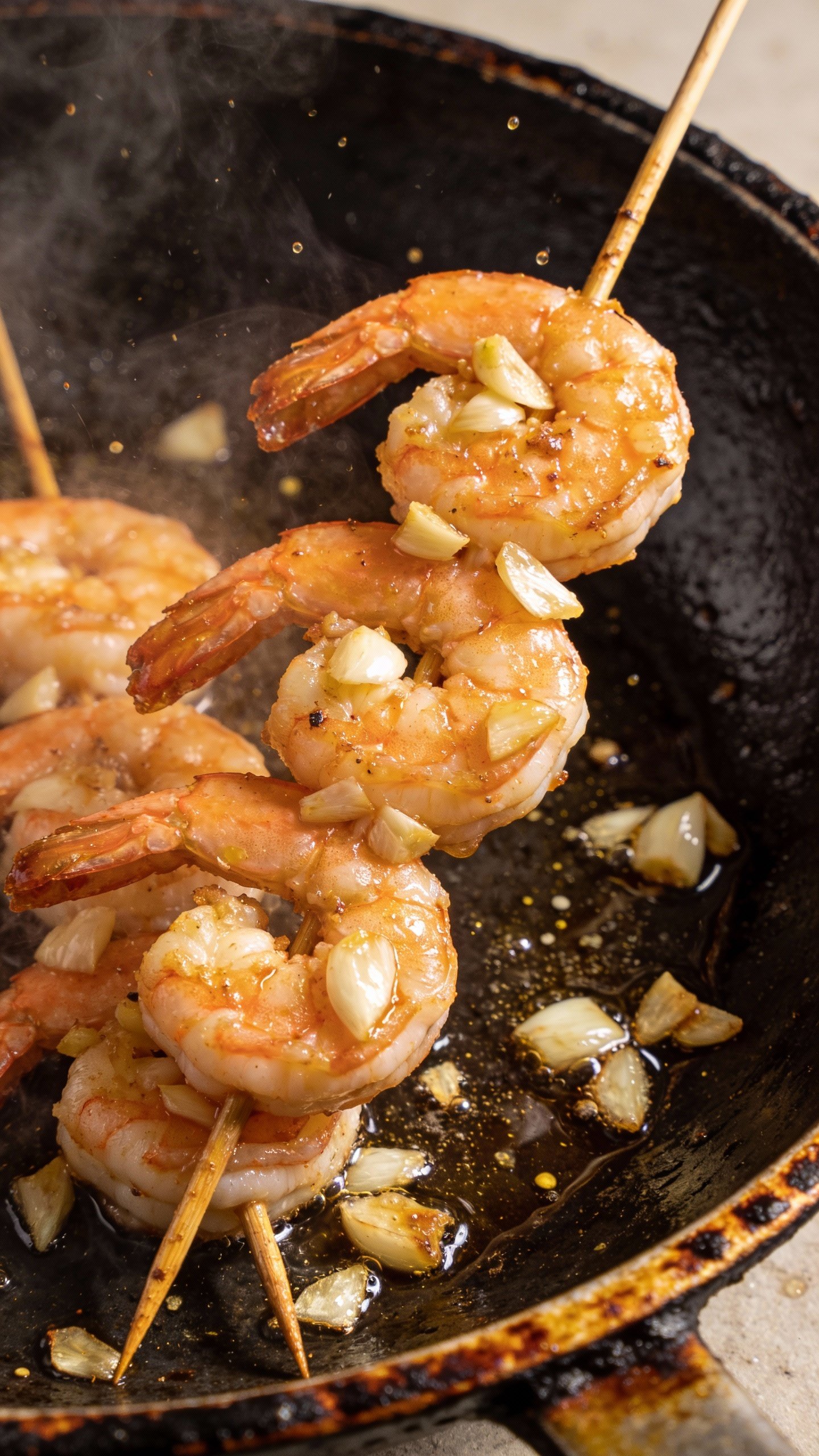 closeup garlic shrimp skewers on cast-iron skillet, sizzling