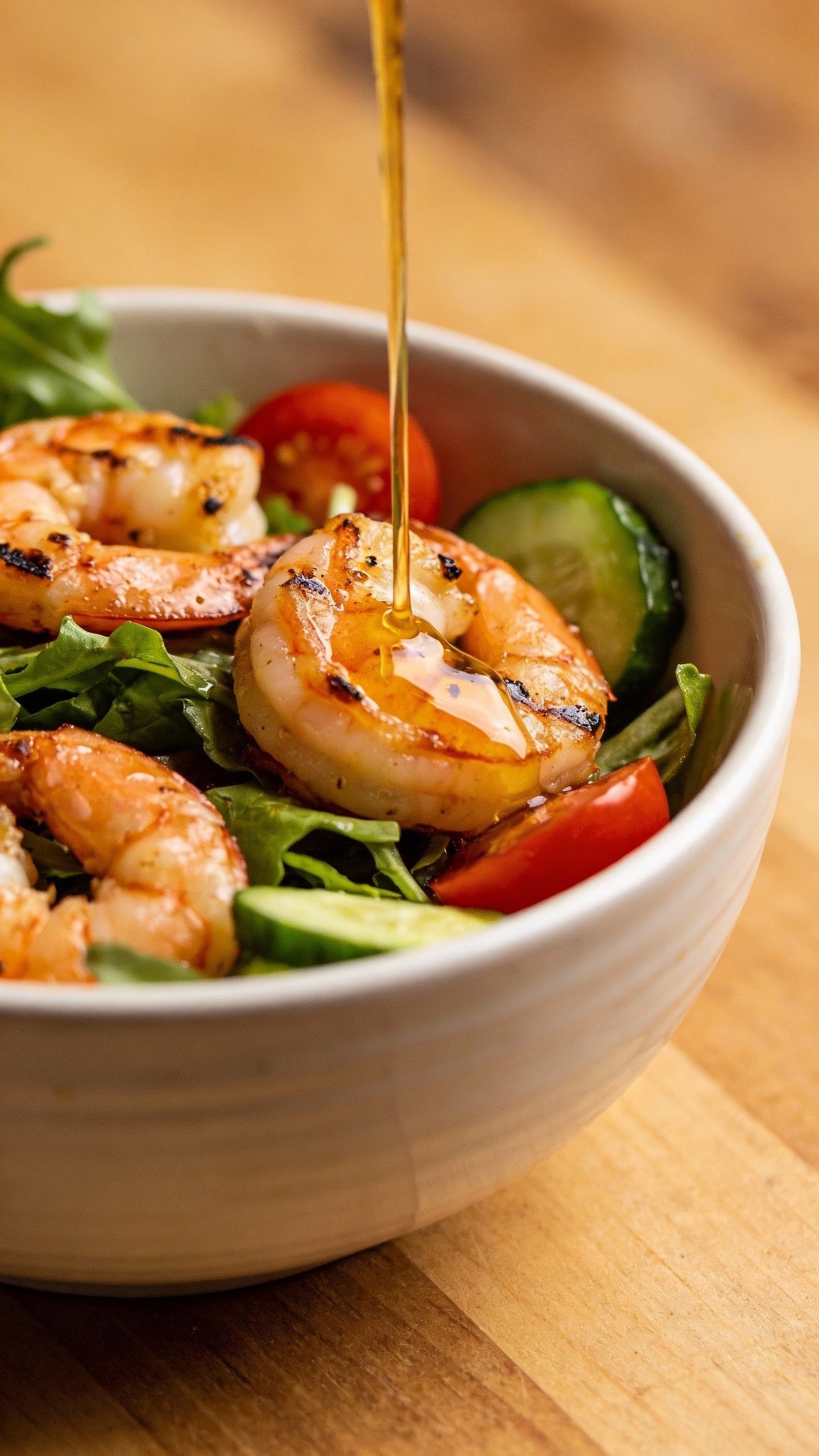 single bowl garlic shrimp protein salad, tangy dressing drizzle