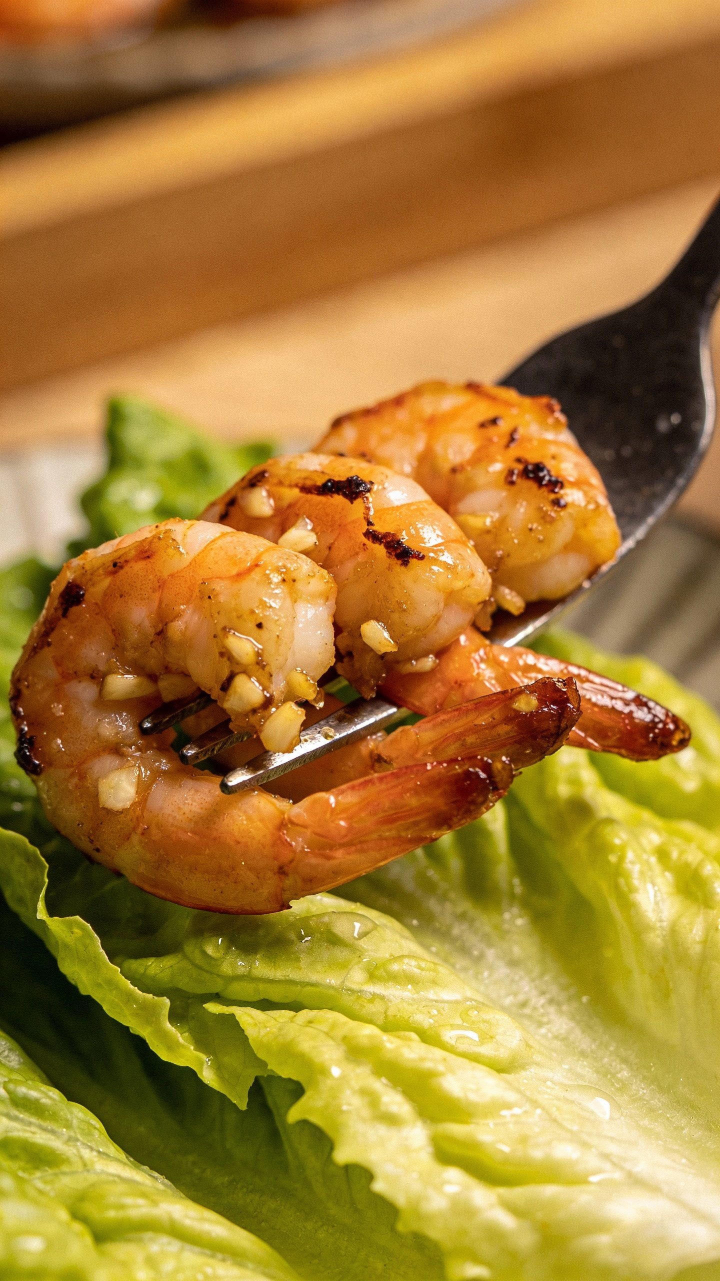 seared garlic shrimp on fork over crisp romaine, shallow depth of field