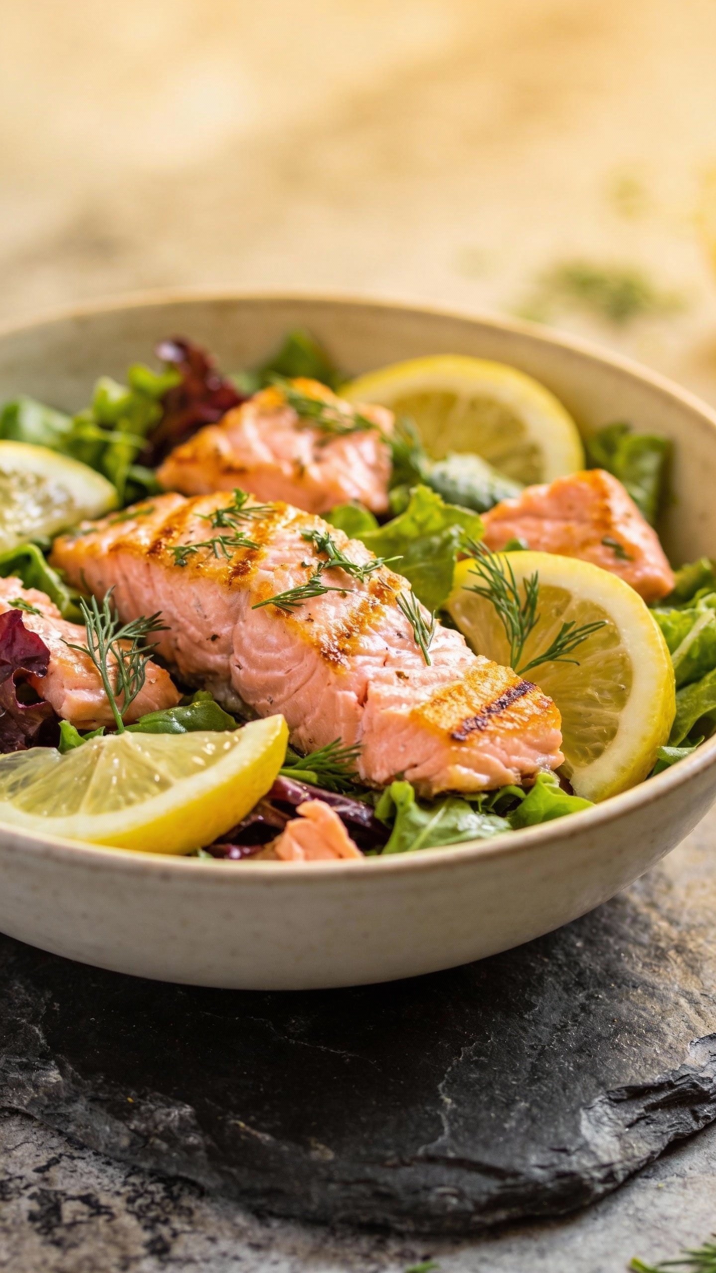 closeup bowl of lemon herb salmon salad on slate