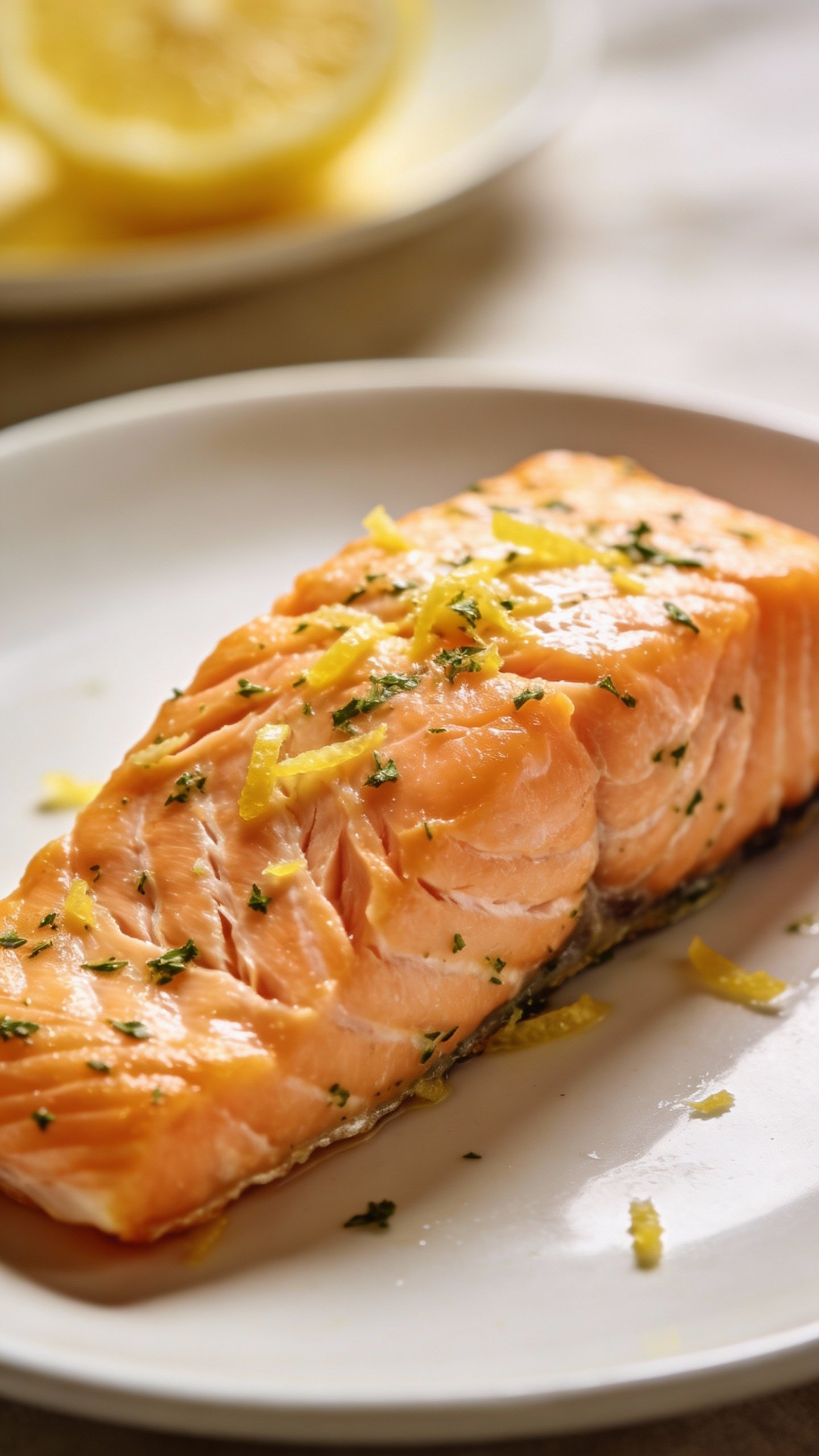 single fillet of flaky lemon-herb salmon on white plate