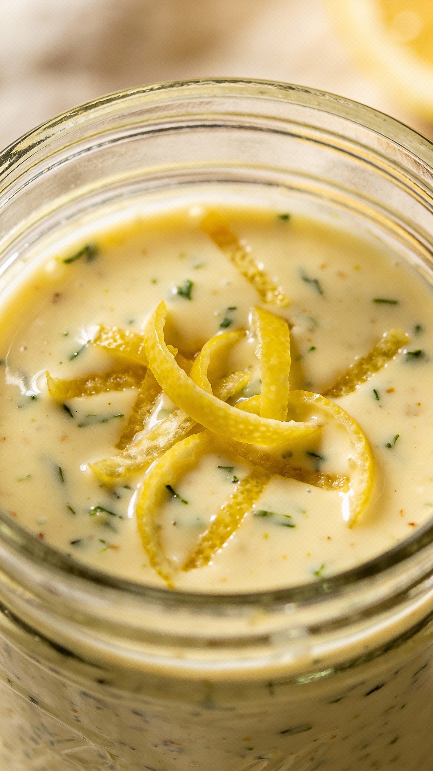 glass jar of lemon-herb dressing with visible zest
