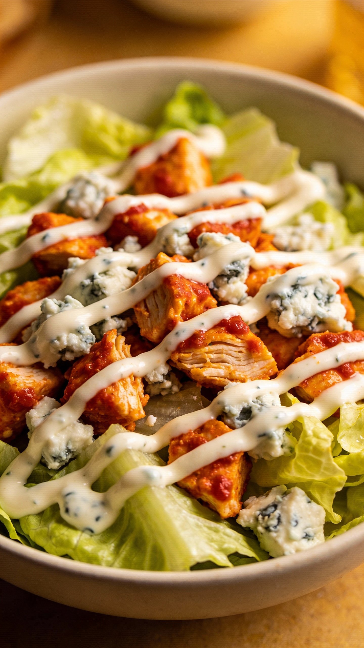 closeup bowl of buffalo chicken salad with ranch drizzle