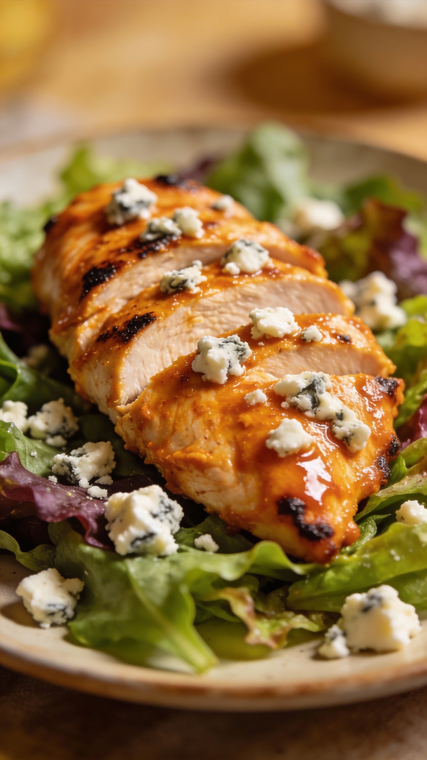 single buffalo chicken breast sliced on greens, blue cheese crumbles