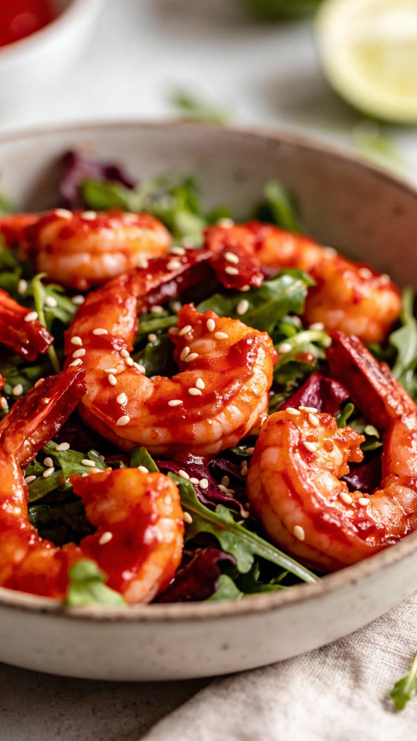 closeup bowl of spicy sriracha shrimp salad, sesame garnish