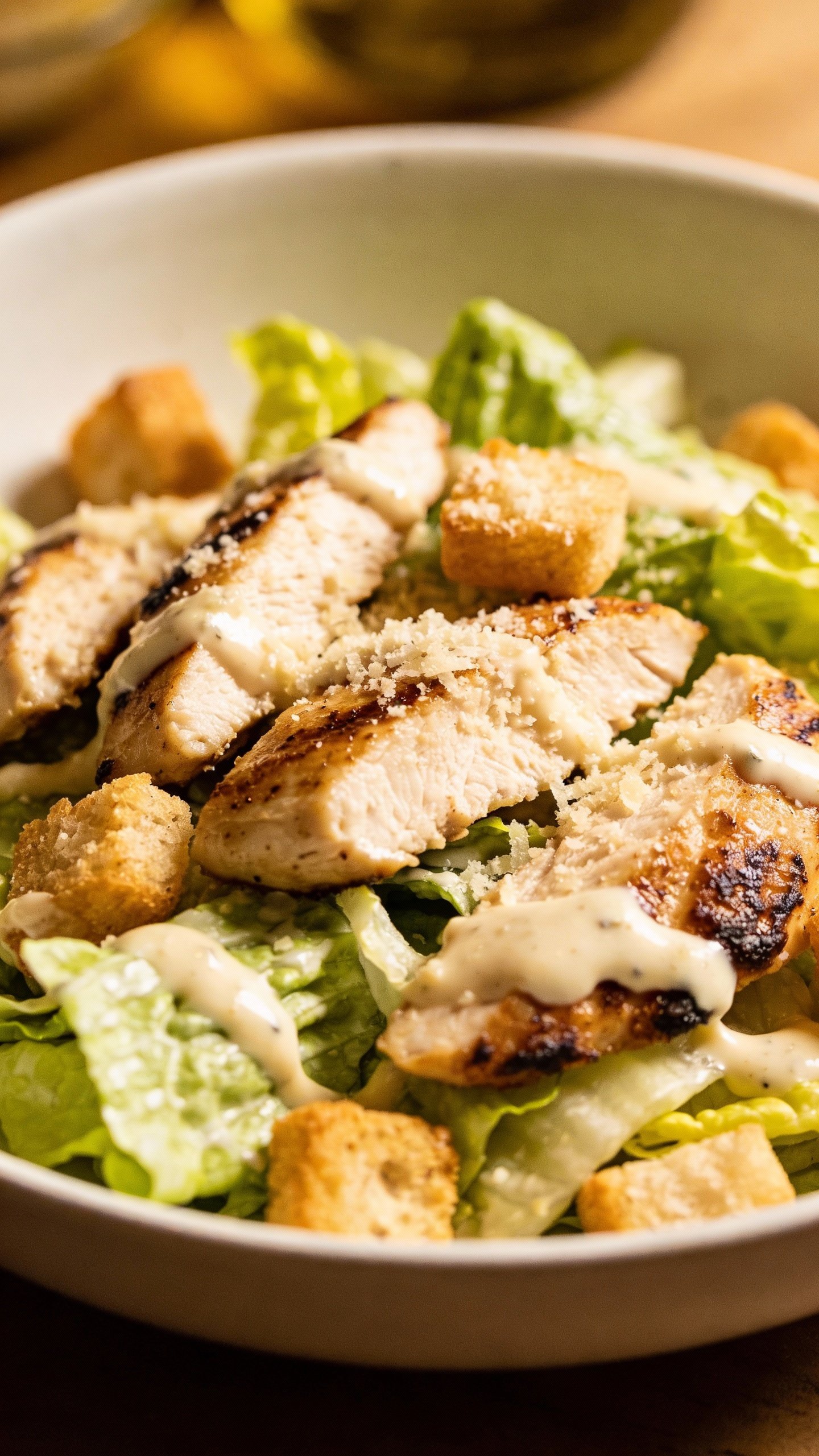 Closeup of Caesar chicken salad in shallow white bowl
