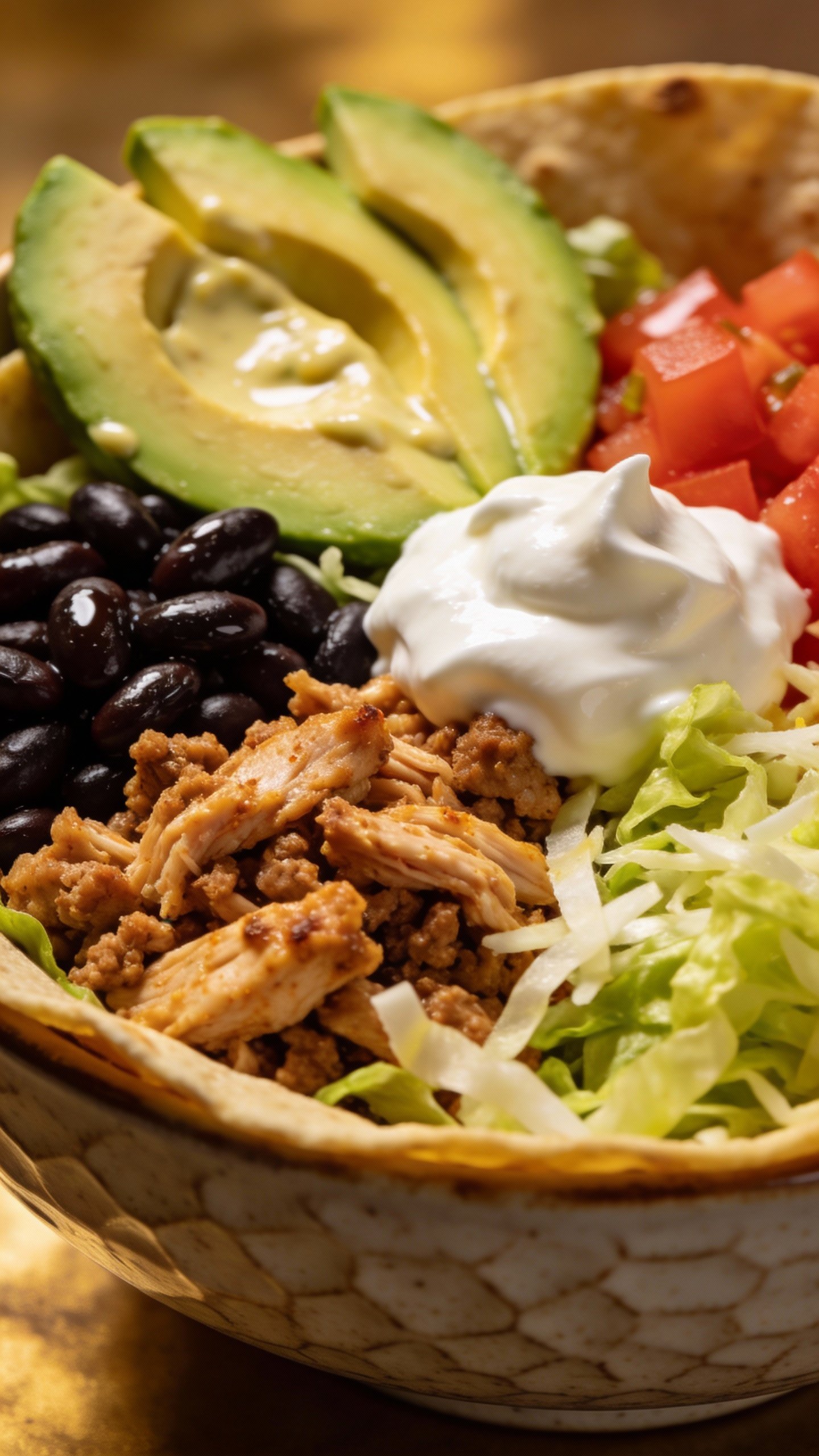 closeup of turkey taco salad bowl with avocado and beans