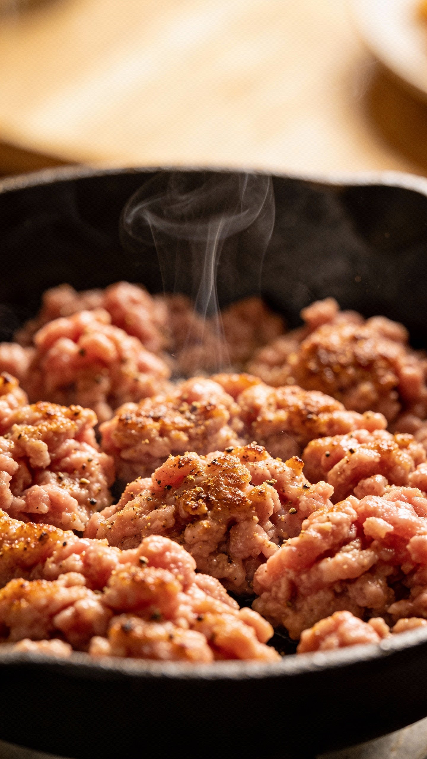 seared seasoned ground turkey in skillet, steam rising