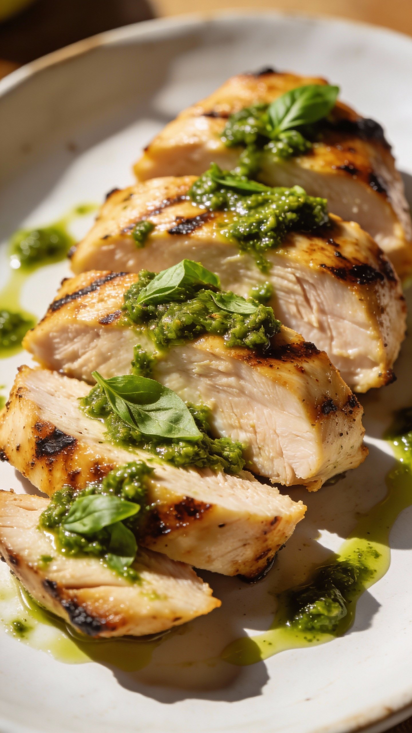 sliced grilled chicken breast topped with basil pesto, studio lighting