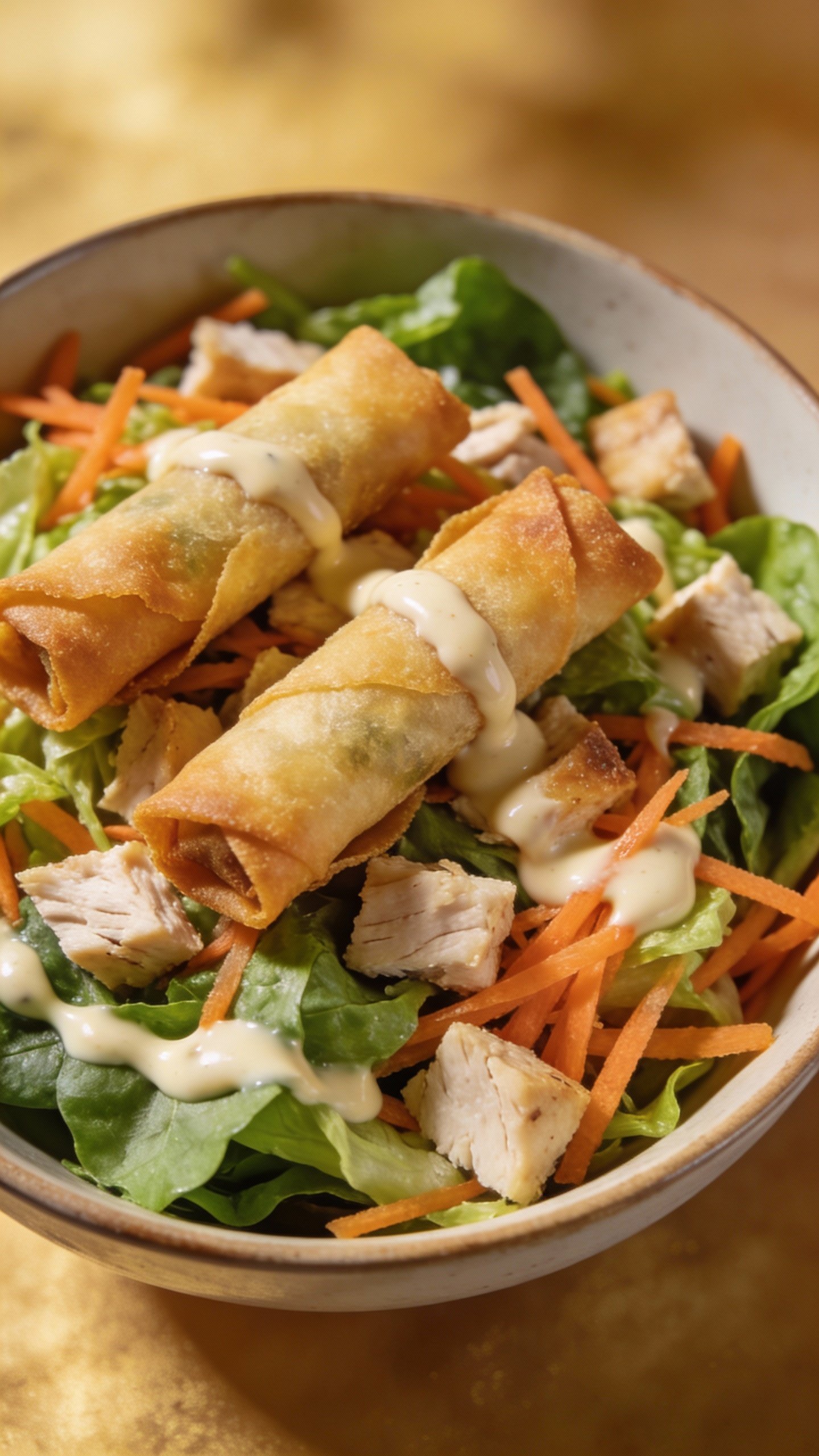 closeup bowl of protein-loaded egg roll salad, overhead