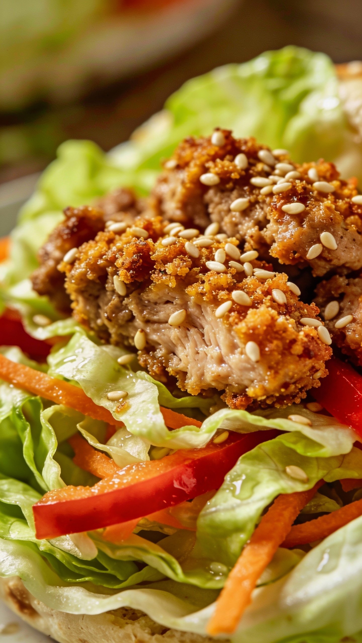 sesame-crusted ground turkey topping on cabbage slaw, macro