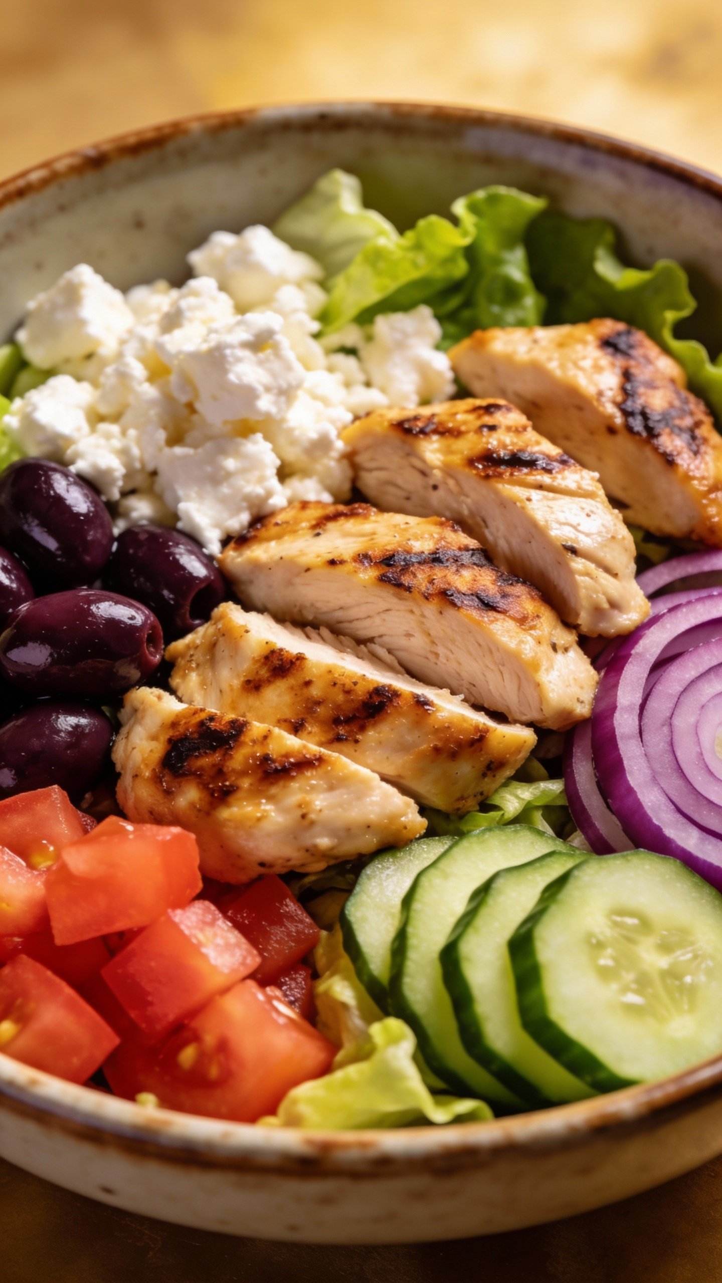 closeup Greek chicken salad bowl with feta and olives