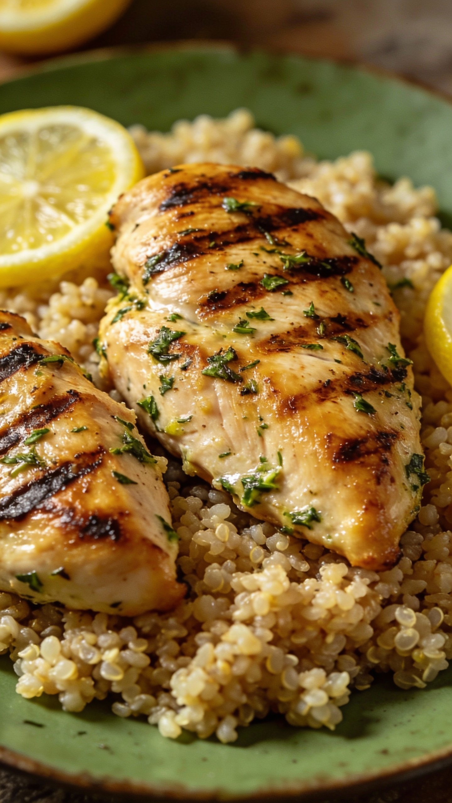 grilled lemon-herb chicken breast on quinoa, overhead closeup