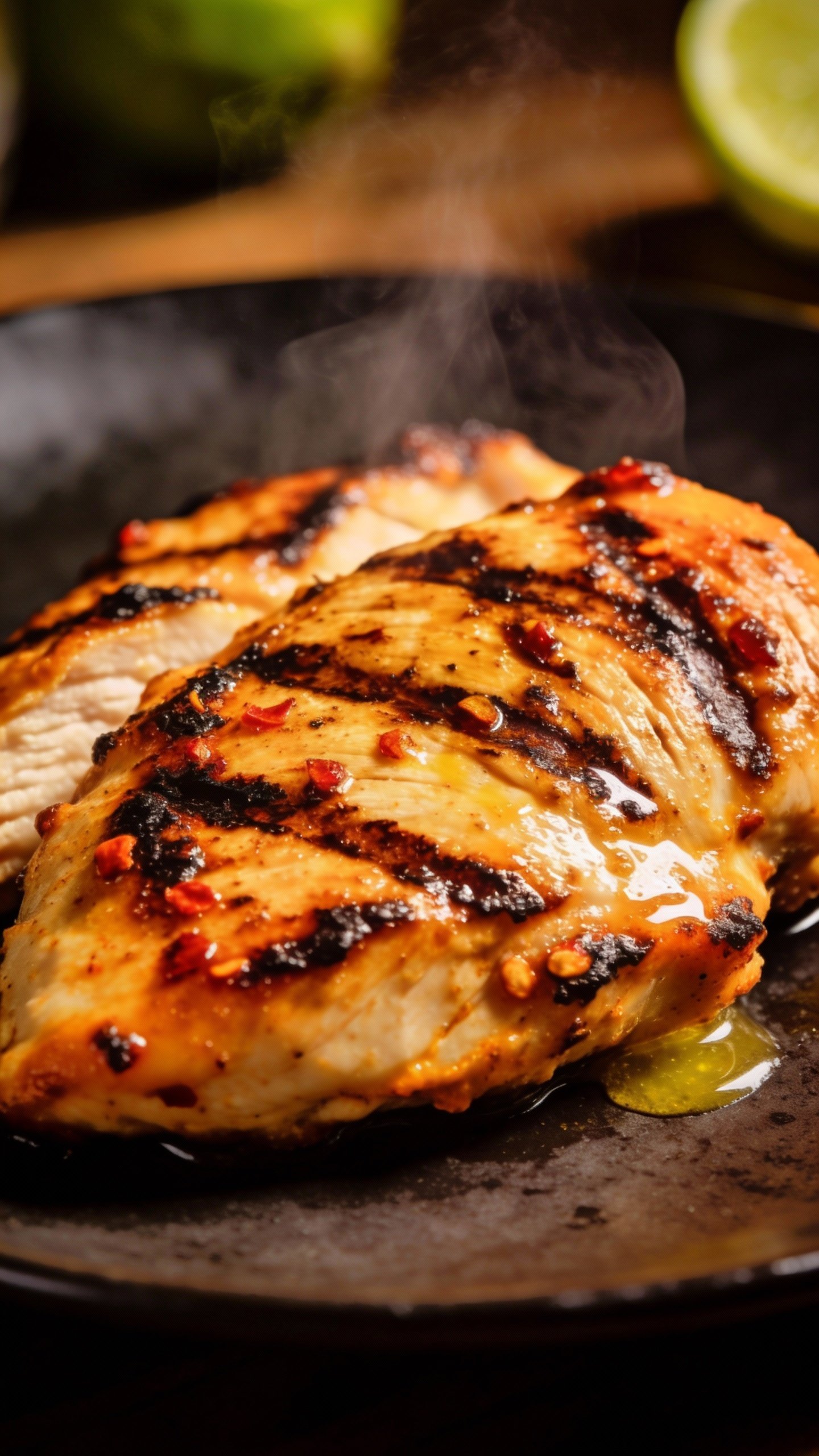 closeup chili-lime grilled chicken breast, charred, on dark plate