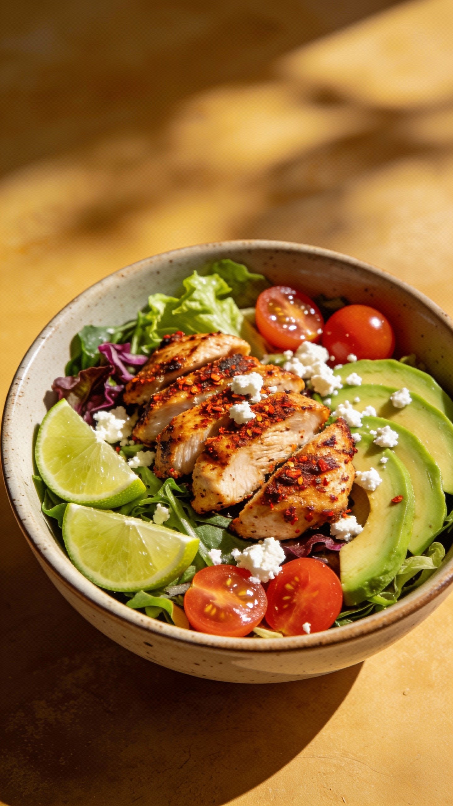 single bowl chili lime chicken protein salad, overhead